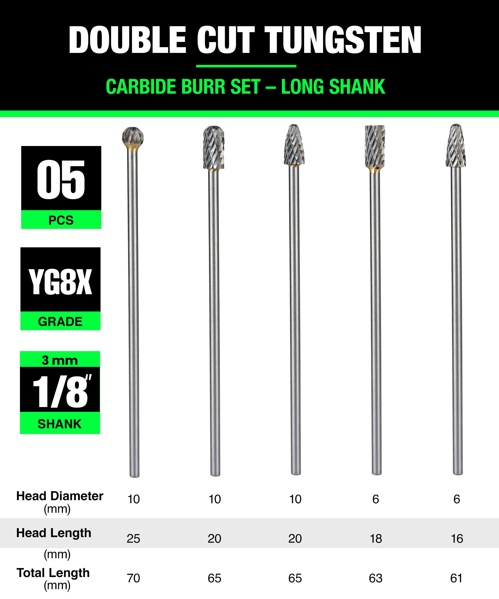 Carbide Burr Bits Set 5-Pc Long Shank 1/8" for Die Grinder Rotary — Amazon image 3
