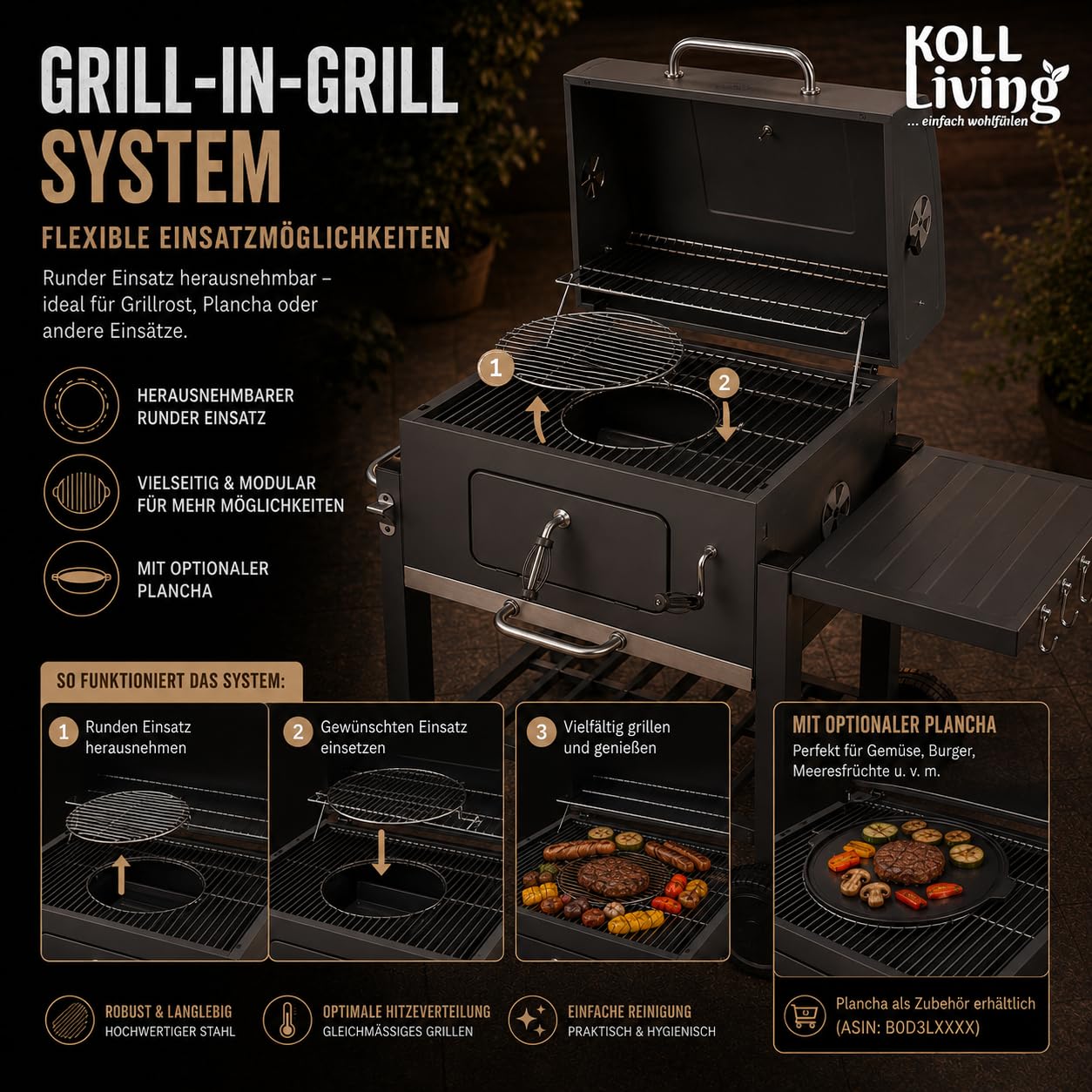 Koll Living Holzkohlegrill Lyv | Grillwagen mit Deckel, Thermometer & höhenverstellbarer Kohlewanne für optimale Hitzesteuerung | Seitenablage & Rollen
