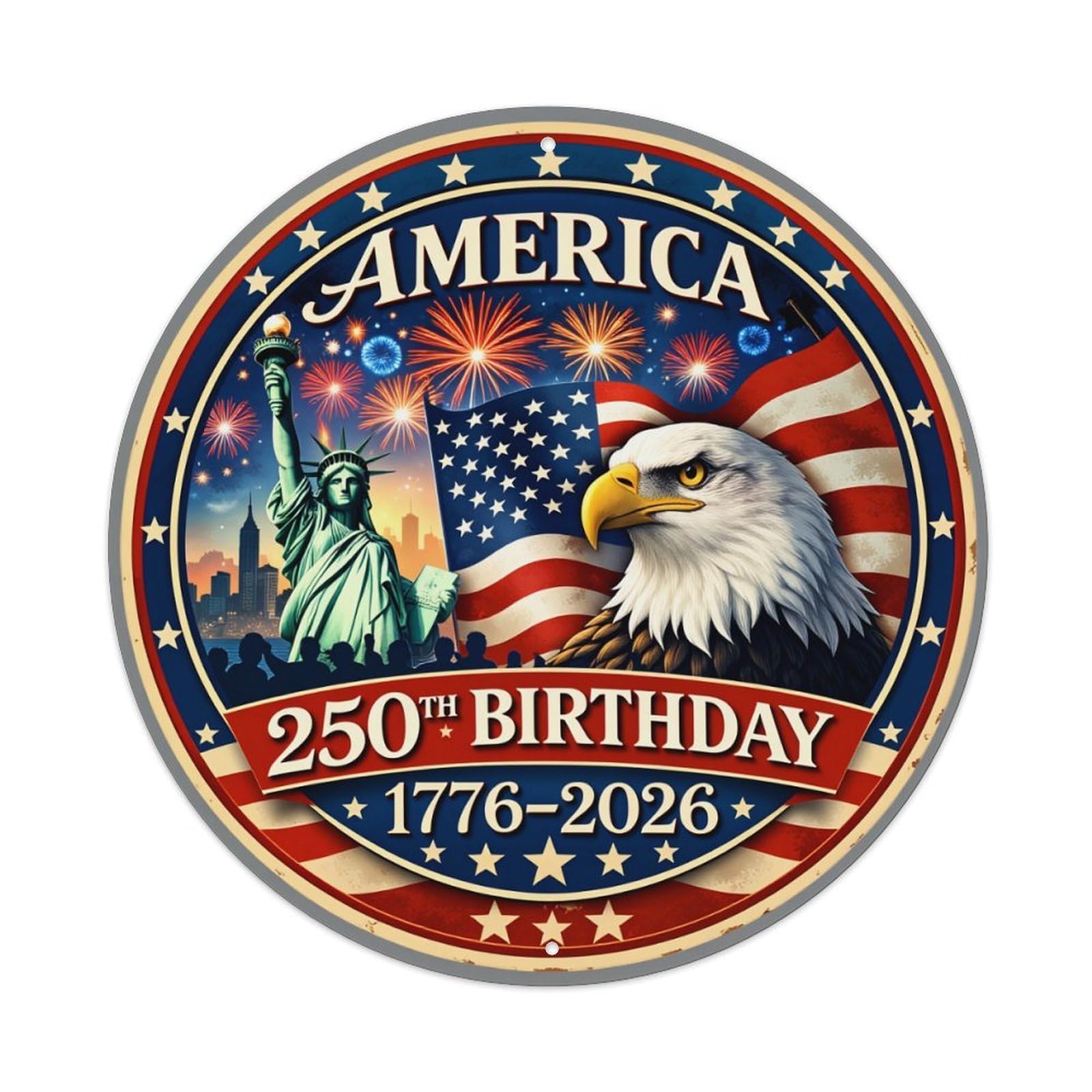 America Birthday Eagle Flag Statue Round Tin Sign Vintage Metal Poster, Home Bar Garage Man Cave Cafe Indoor & Outdoor Wall Decoration 8x8Inches