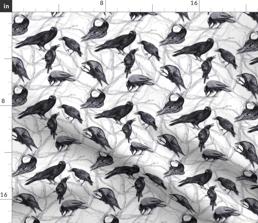 Spoonflower Fabric - Crows Birds Black Bird White Pen Ink October Printed on Petal Signature Cotton Fabric by The Yard - Sewing Quilting Apparel Crafts Decor
