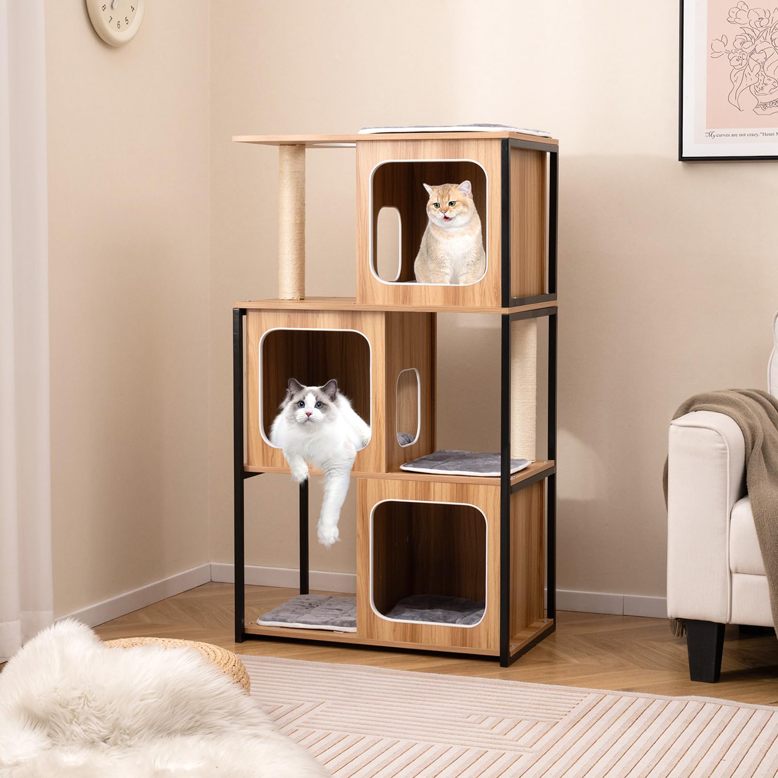 Tangkula Modern Cat Tree, 52 Inch Wooden Cat Condos with Metal Frame, Sisal Scratching Posts & Board, Washable Cushions, Multi-Level Cat Tower for Indoor Cats & Kittens (Natural)