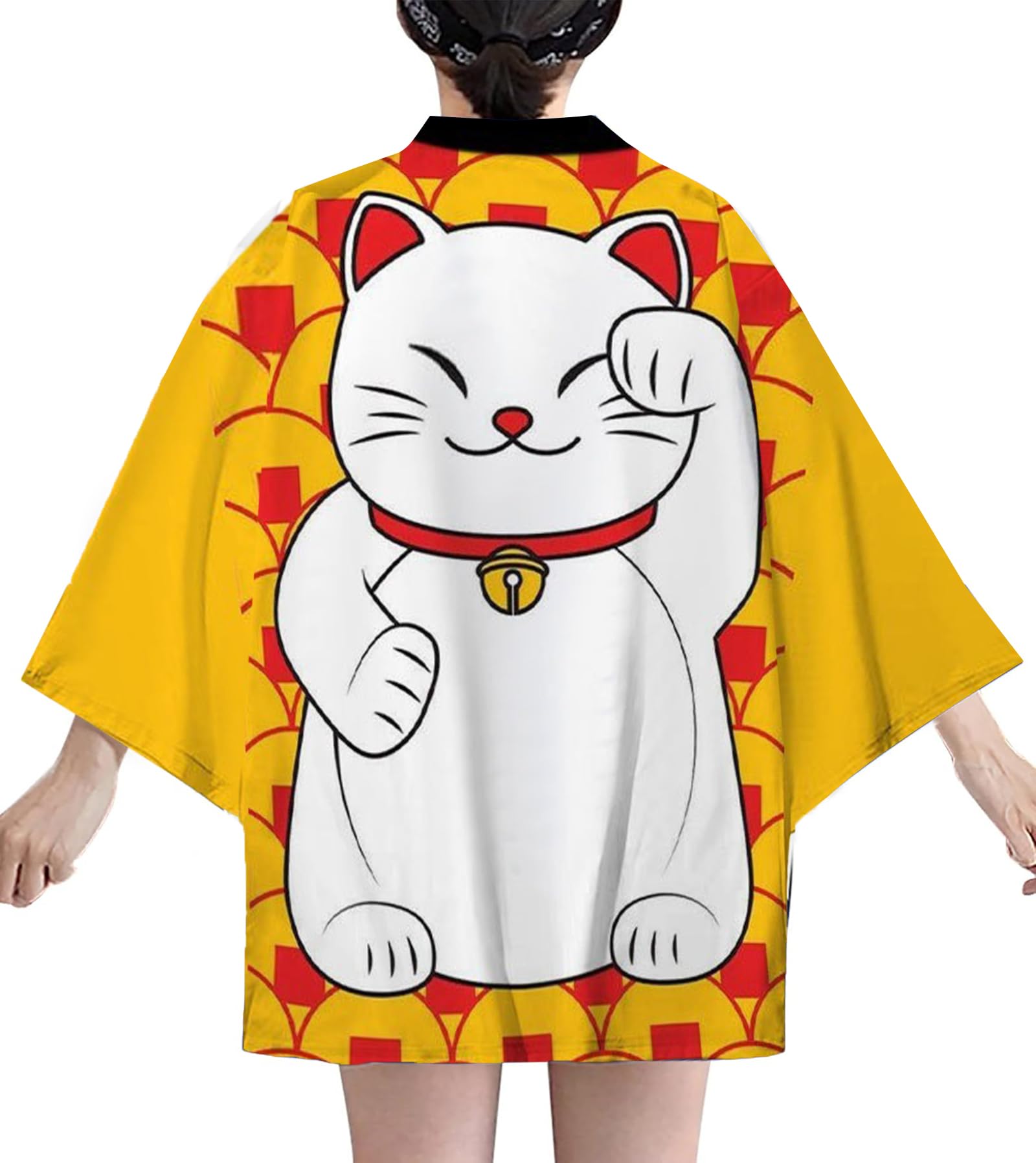 LAI MENG FIVE CATS Womens Lucky Cat Cardigan Kimono Loose Cover up Casual Blouse Cute Tops