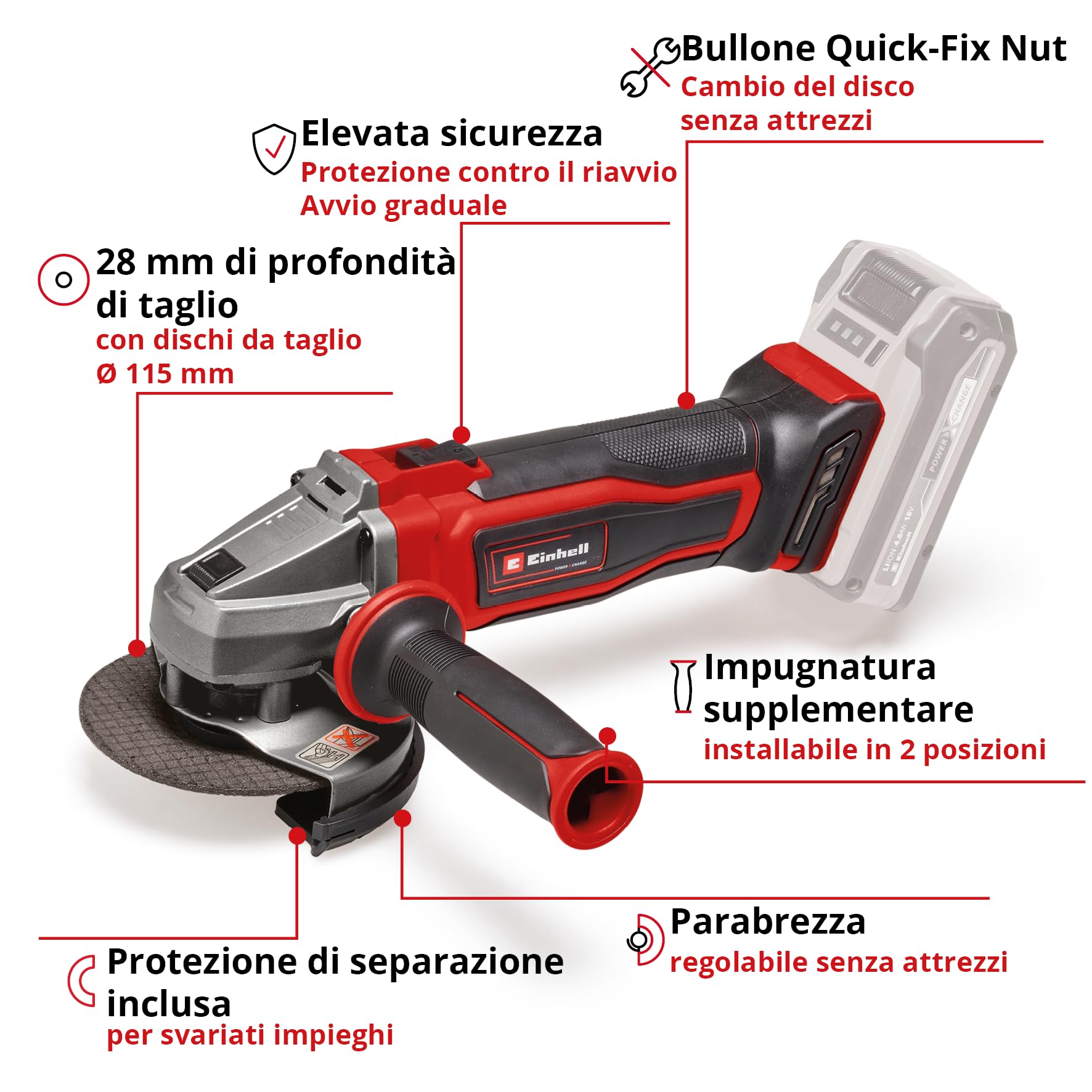 Einhell Smerigliatrice angolare a batteria TE-AG 18/115 Q Li-Solo Power X-Change (18 V, 115 mm di diametro, profondità di taglio 28 mm, scanalatura Quick Fix senza disco da taglio, senza batteria)