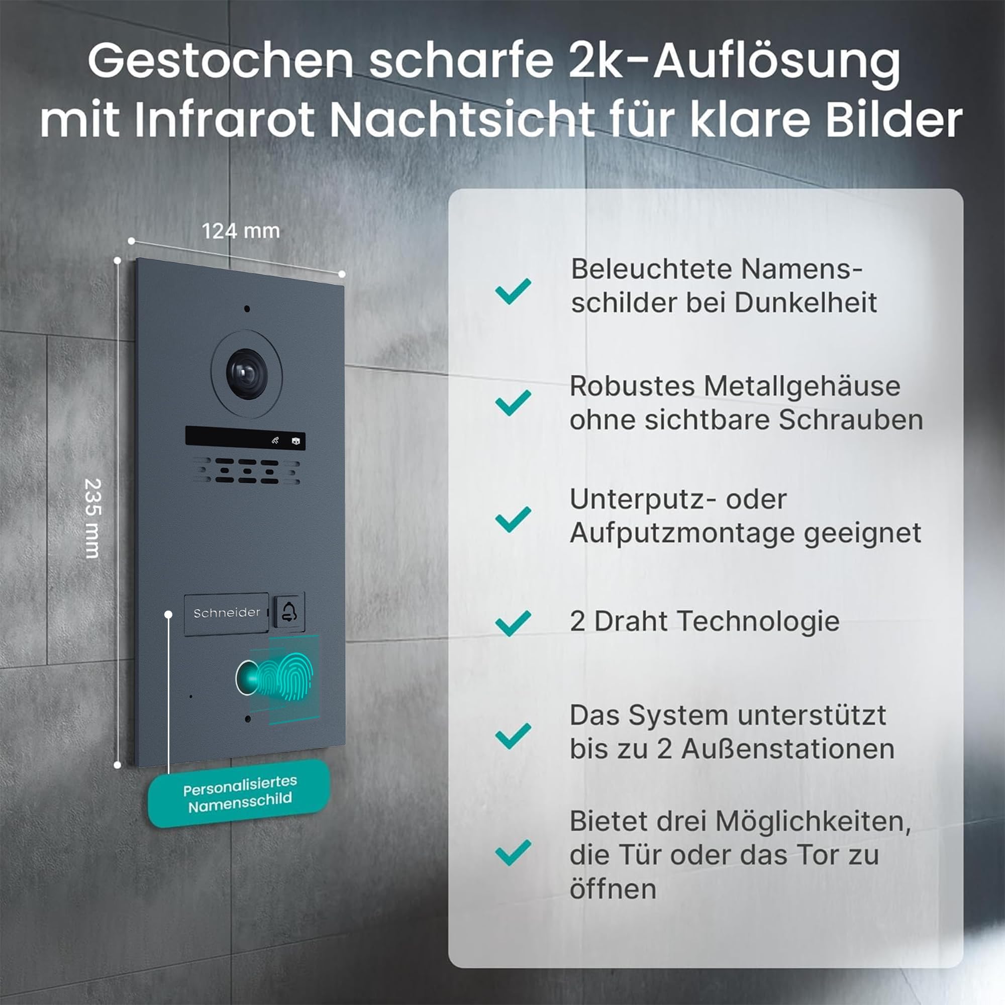 MATHFEL 1 casa di famiglia Fingerprint 2 fili Bus WLAN Videocitofono 10 pollici monitor con Full HD 2 Megapixel 170 gradi fotocamera grandangolare – Stazione esterna in antracite con RFID