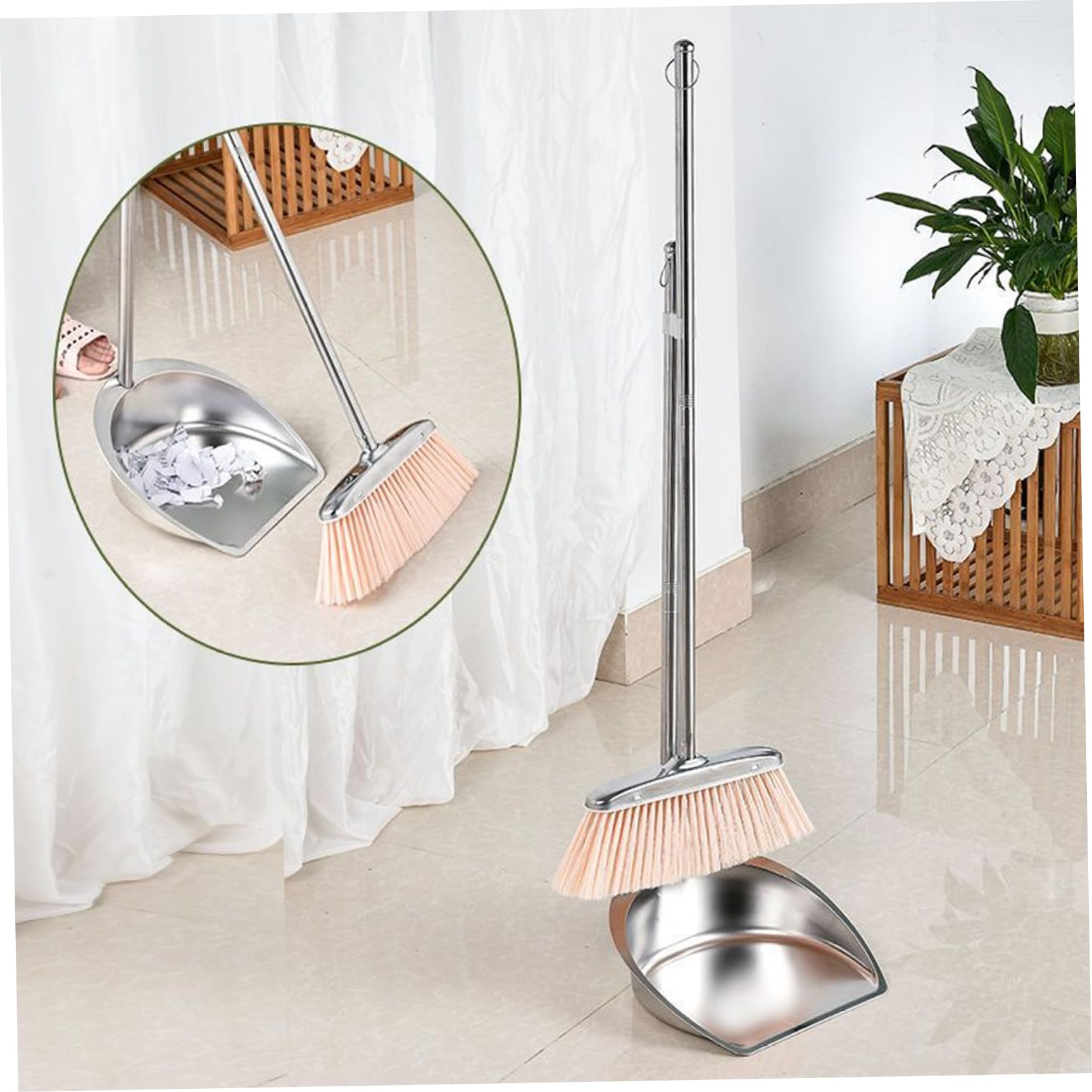 NIDONE Recogedor De Gran Tamaño para Trabajo Pesado con Mango Largo, Recogedor De Metal Y Cepillo Recogedor De Acero Inoxidable Recogedor Vertical De Pie, para Limpieza del Hogar En Interiores - L