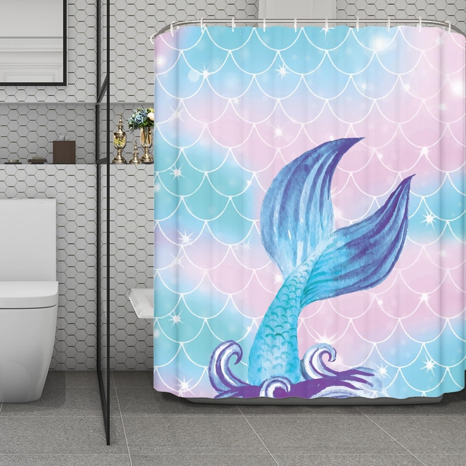 Rideau de douche anti moisissure bleu marine pour baignoire familiale