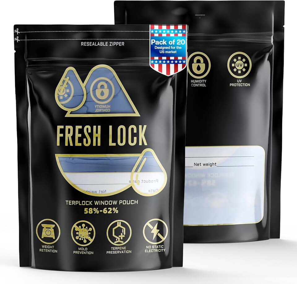 Golden Drop 1oz Curing Bags, 20 Pack Terp Pouches, 58%-62% RH Humidity Control, Windowed Smell-Proof Herb Storage, Heat Sealable, UV Blocking, Heavy-Duty, BPA-Free