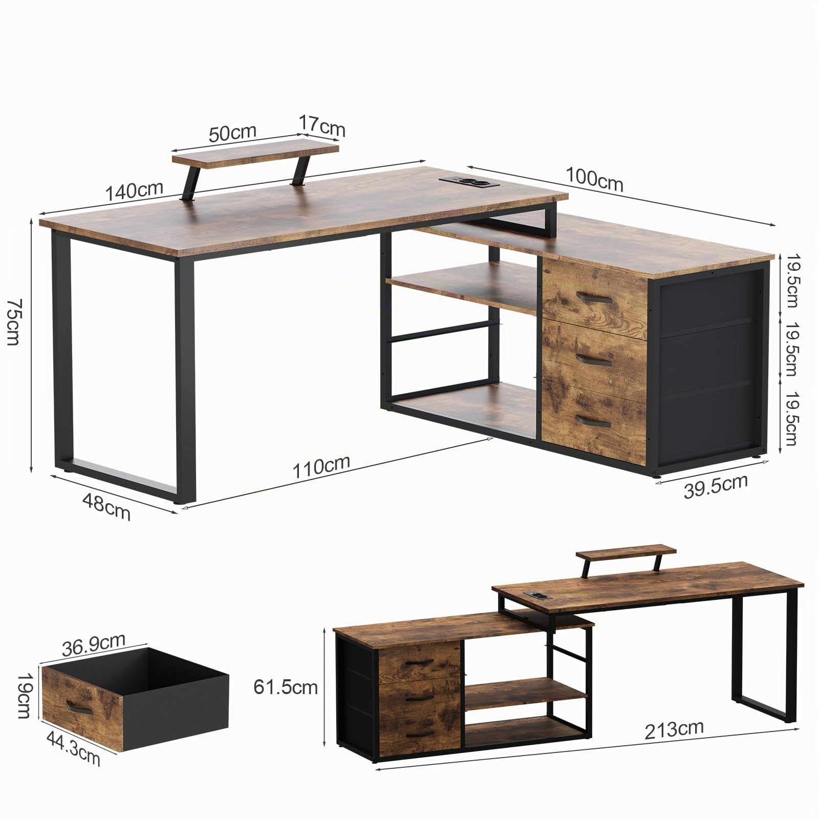 JUMMICO Bureau d'angle en L Réversible Style Industriel, 140x100 cm avec Aspect Bois Brûlé, Bureau Gamer avec Étagères de Rangement et Support Moniteur, Prise Intégrée