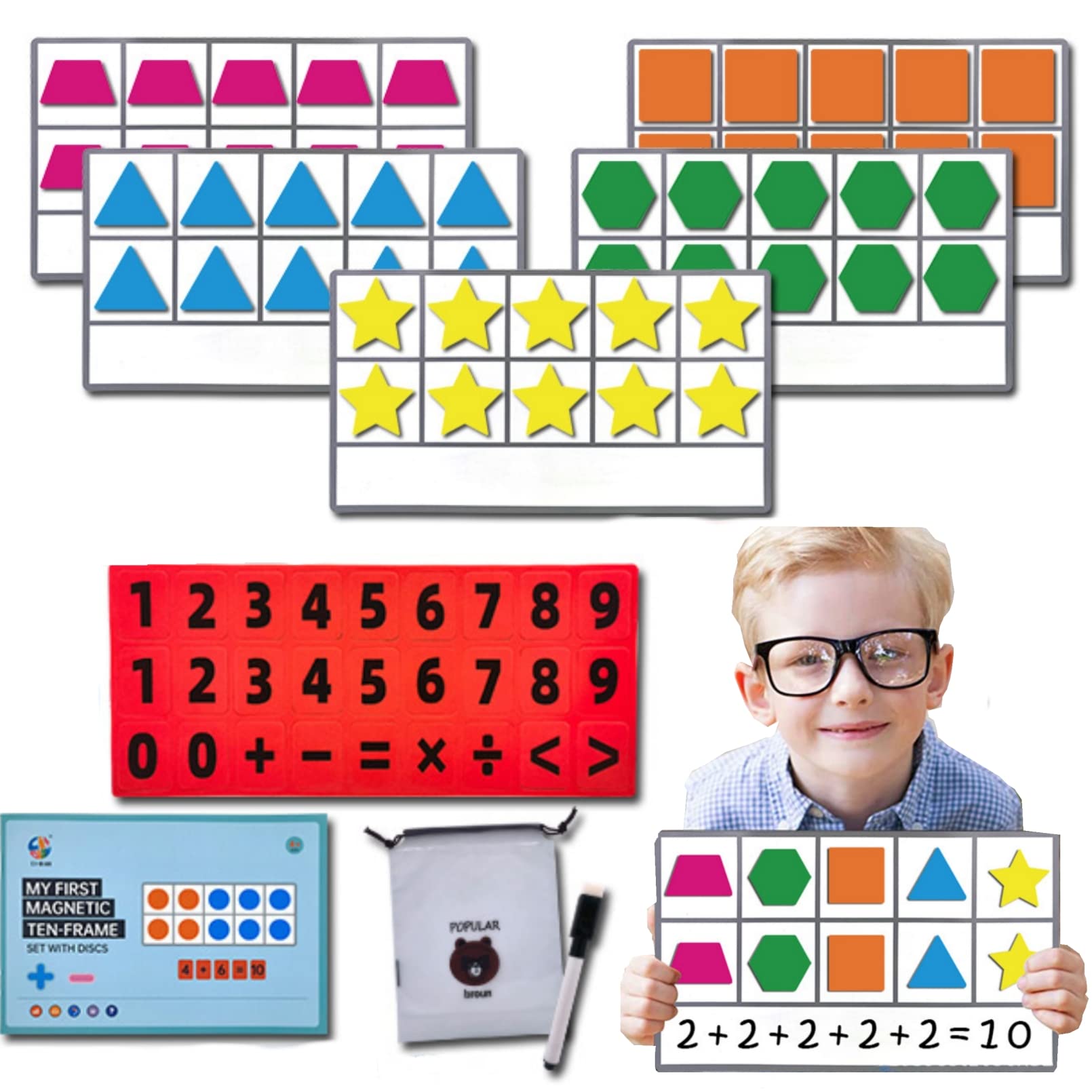 AM ANNA Magnetic Ten Frame Set, 5 Ten-Frames+50 Colorful Counters,Math Games for Kids Addition Subtraction Math Manipulatives Kit for Home, Kindergarten Teachers Preschool Classroom Must Haves