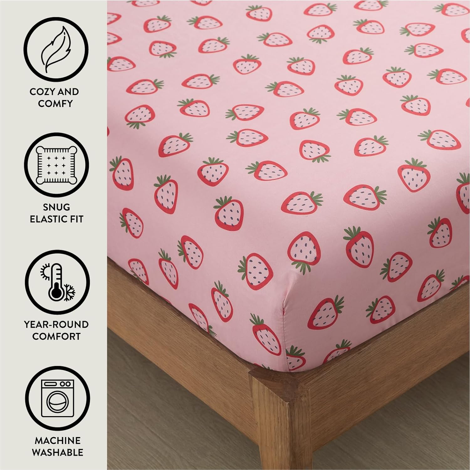 Urban Lifestyle 4 Piece Sheet Set, Including Top Sheet, Fitted Sheet and 2 Pillow Cases, Pink Strawberry, Full - Image 3