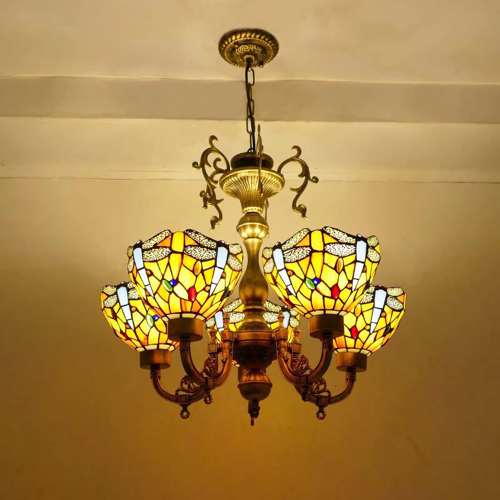 Dazii 5 Lights Tiffany Style Chandeliers, Victorian Style Stained Glass Ceiling Pendant Light for Living Room Bedroom Dinning Room Kitchen Island,A