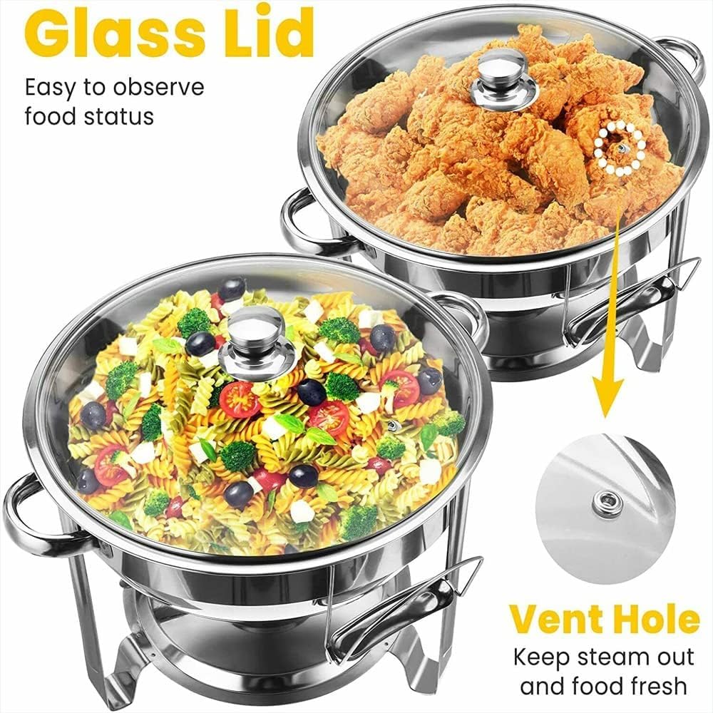Lid 4.5 Litre Cibo Scaldabagno Catering, Acciaio Inossidabile Rotondo Buffet Chafing Piatto Vetro, Chafing Dish Catering Buffet Warmer Set, per feste, buffer e scaldavivande con coperchio set