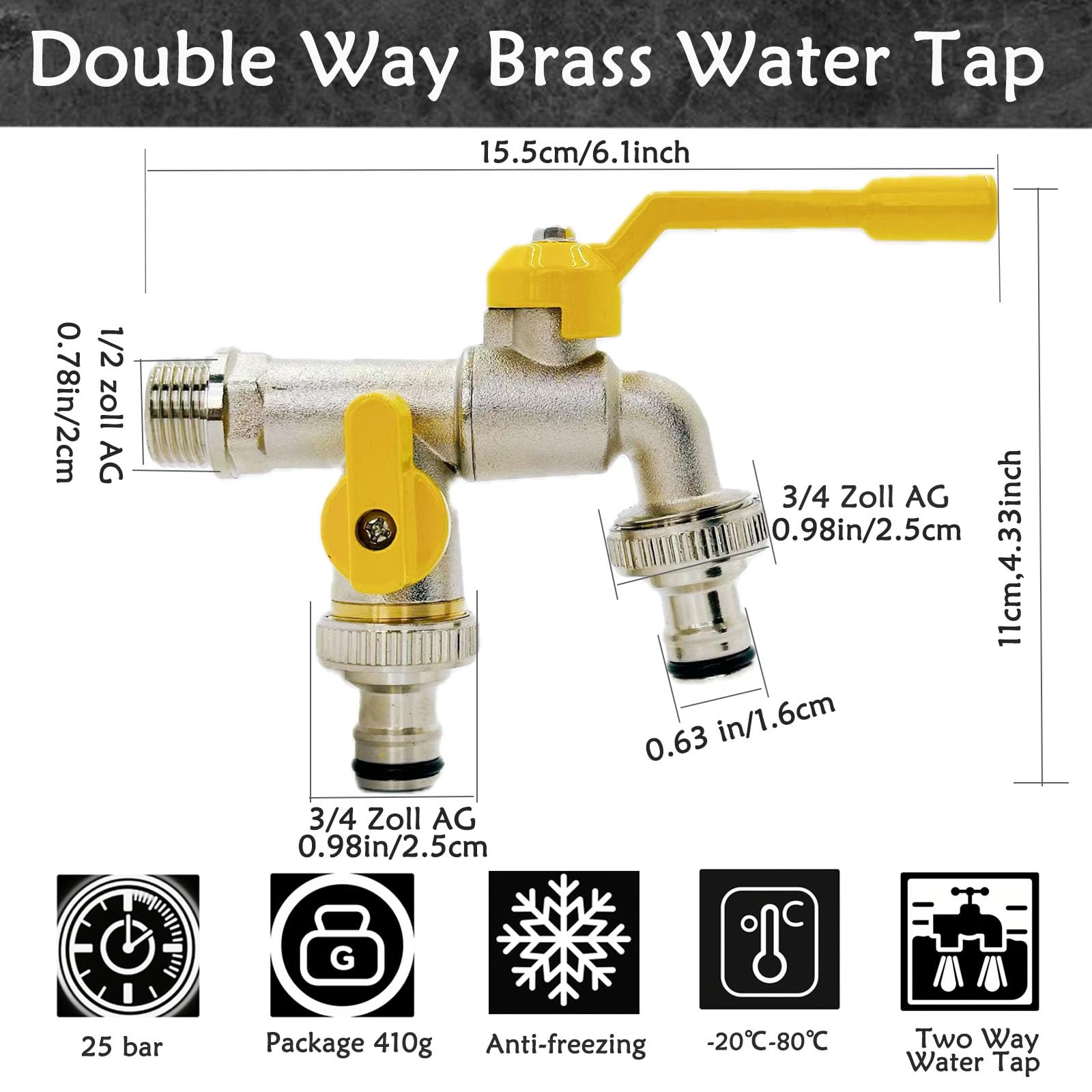 Brass Double Water Tap, 1/2 cala podwójny wylot ogrodowy Tap Antifreeze Double Output Faucets with 4 Connectors für Outdoor Garden Washing Machine Rain Barrel Household Industry (Yellow)
