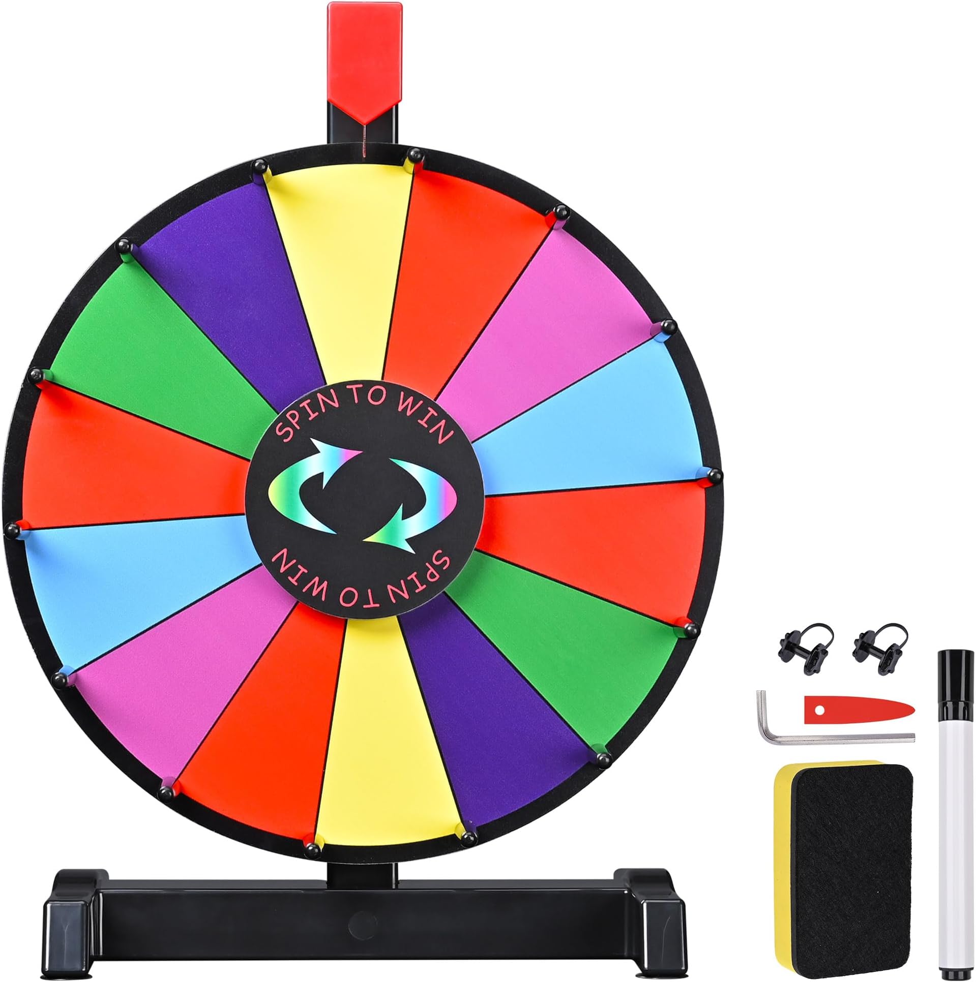 WinSpin 12" Editable Color Prize Wheel Dry Erase Fortune Spinning Game Carnival with Tabletop Stand 14 Slots
