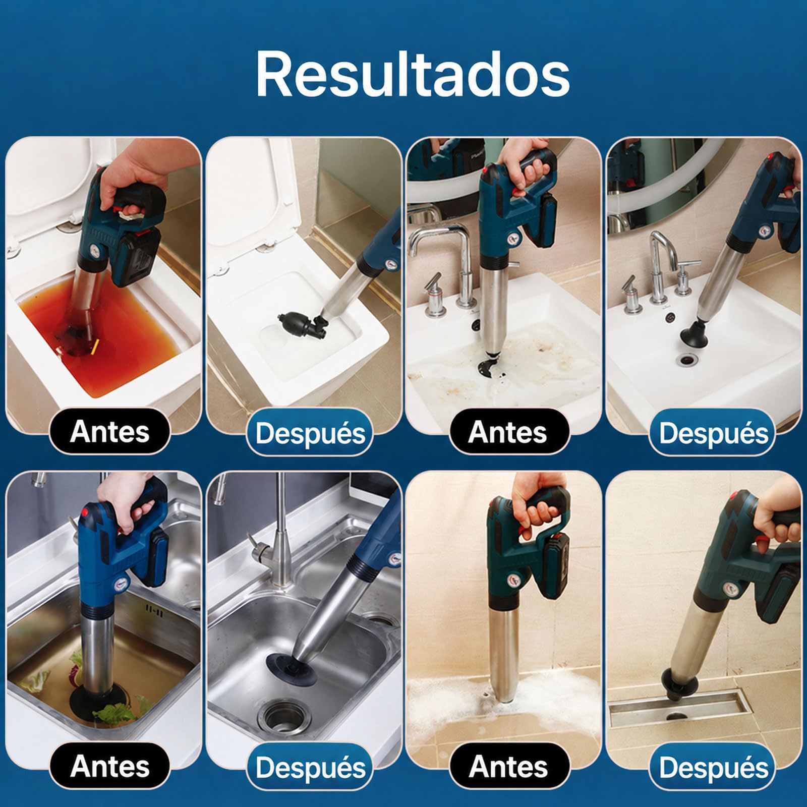 Pistola de émbolo de inodoro de mano, equipo de dragado de tuberías de 10 bar con juego de herramientas, limpiador de tuberías inalámbrico de alta presión con 2 baterías, para inodoro, fregadero