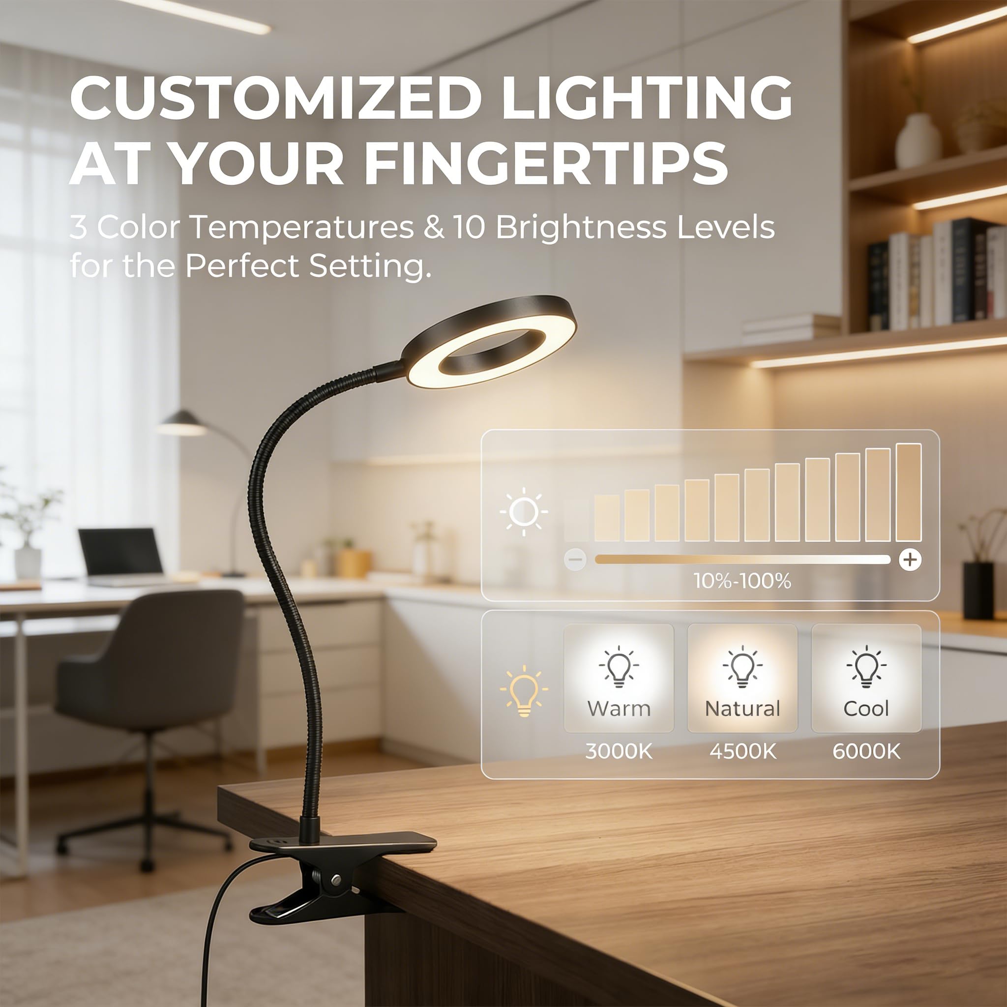 Sunny Power Lámpara de escritorio, [3 modos de color y 10 brillo] Luz de lectura LED con abrazadera, luz de libro de brazo flexible de silicona para niños, libro de lectura en la cama por la noche