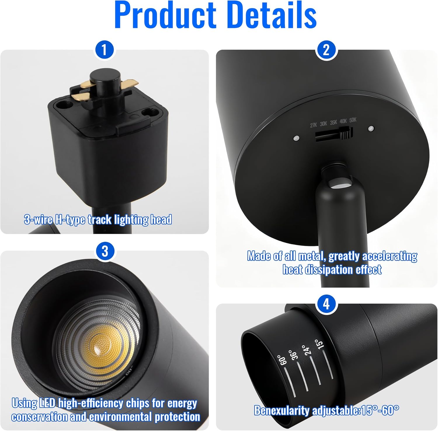 5CCT LED Track Lighting Heads Dimmable 20W 5CCT 2700K/3000k/3500k/4000k/5000k,Versatile H Track Lighting Heads,Zoomable Beam 15° to 60° Ideal for Accent Art and Task Lighting, (Black, 4 Pack)