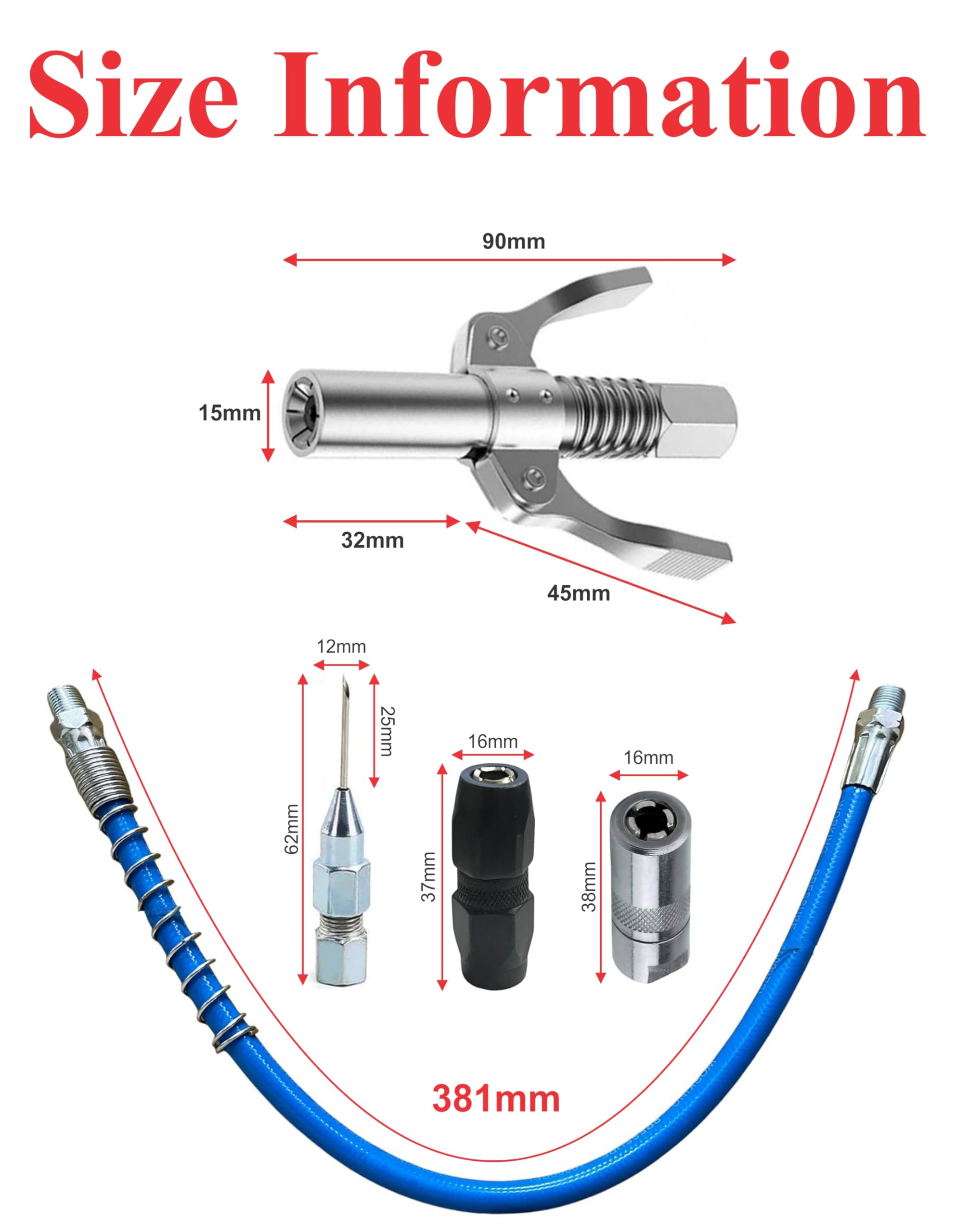EPITECH MART Grease Gun Coupler With 3Pc Grease Gun Adaptor, 15inch Flexiable Blue Hose Pipe 1