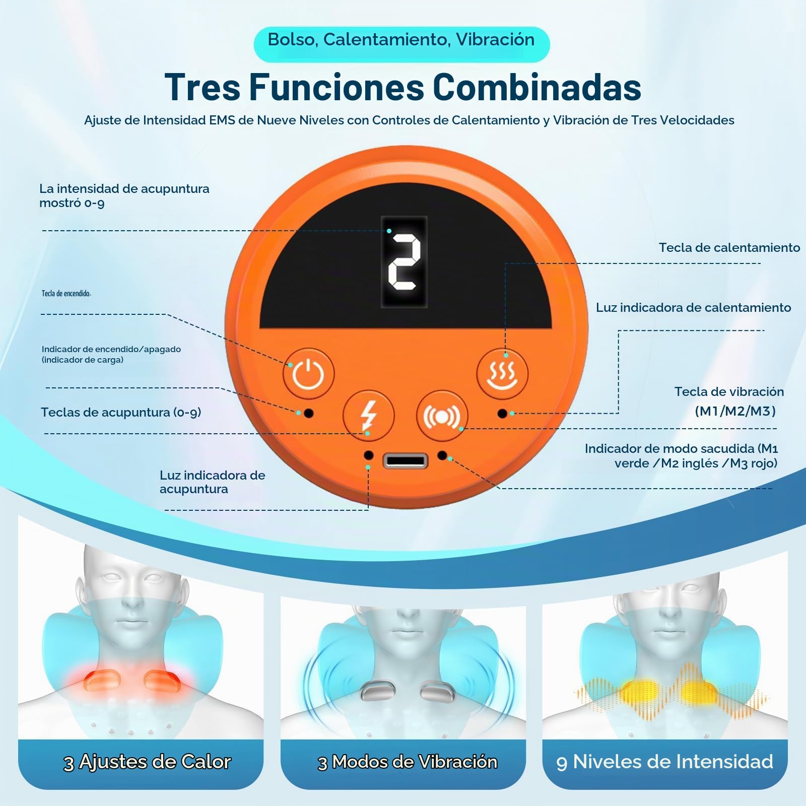 Nueva Almohada Cervicales y Cuello 2026,Almohada Cervicales y Cuello 3 En 1 | Con 3 Niveles De Compresión Caliente y Vibración, 9 Niveles De Intensidad,Operación De Control Remoto De 360 Grados
