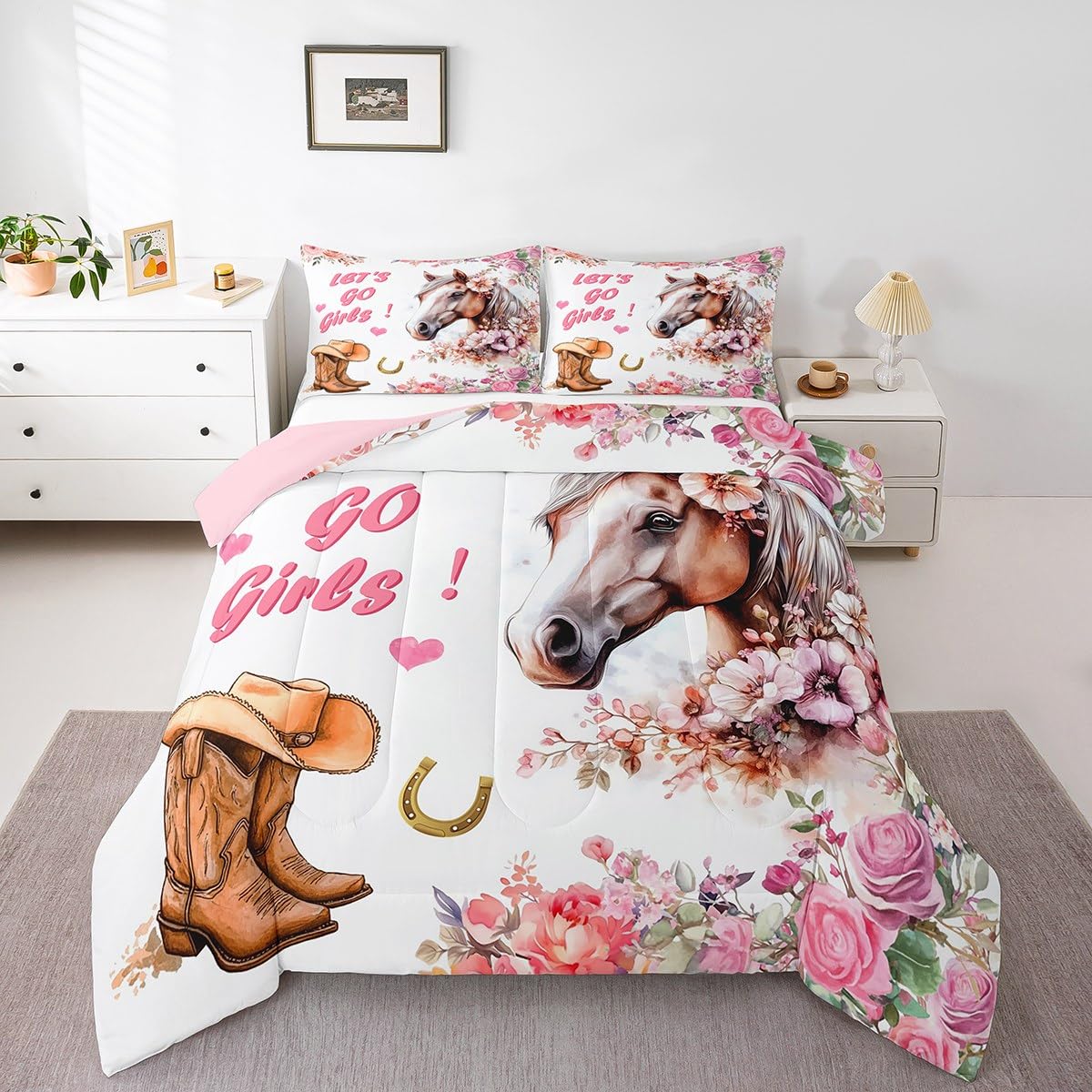 Erosebridal Juego de edredón de caballo, juego de ropa de cama con botas vaqueras occidentales para niñas y adolescentes, juego de cama de caballo de granja del salvaje oeste, decoración rústica de