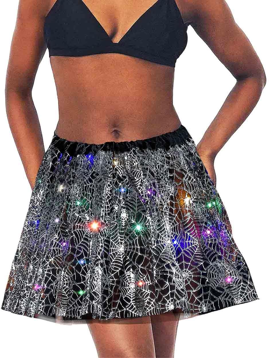 Olbye Light up Halloween Tutu LED Tulle Dance Ballet Skirt 3 Layered Dress Tutus Cosplay Halloween Costume for Women