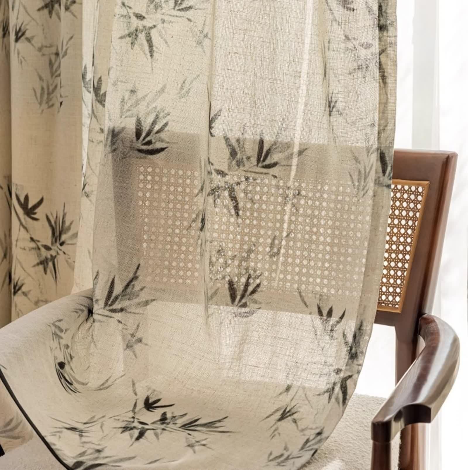Rideau Fenetre Voilage, Lot de 2 Rideau Lin Beige Gris Noir Motif de Feuilles LxH 107x147cm