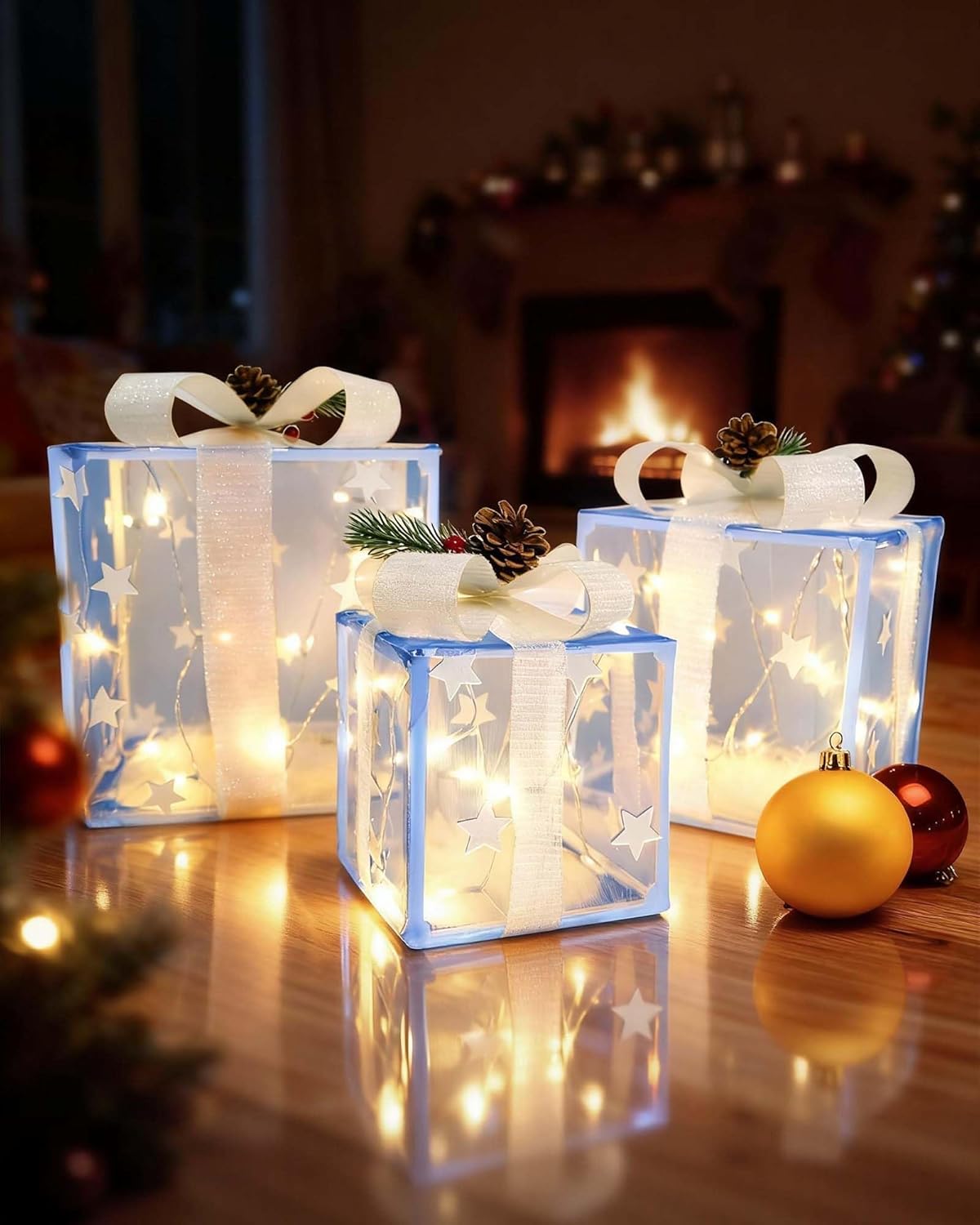 Lighted Gift Boxes Set of 3, QUICARD Christmas Holiday Decorations Gift Box with Pine Cone with Remote Control, LED Mesh Star Light Decor, for Tree Skirt Indoor Outdoor Yard Holiday Door