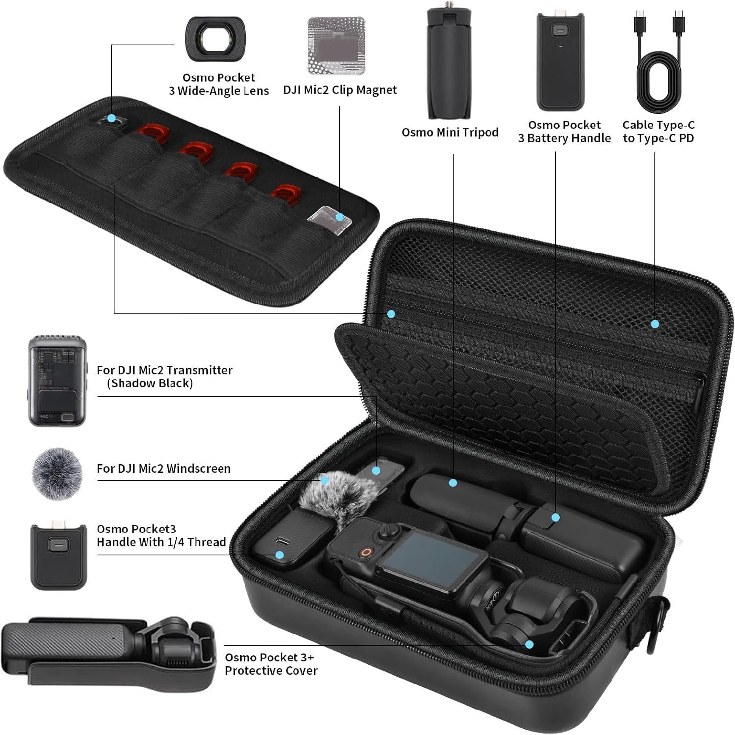 Boobowl Hard Case for DJI Osmo Pocket 3 Creator Combo, Portable Travel Storage Bag Fits Camera with Original Protective Cover, Battery Handle & Mic 2, Shockproof Organizer with Shoulder Strap - Black - Image 2