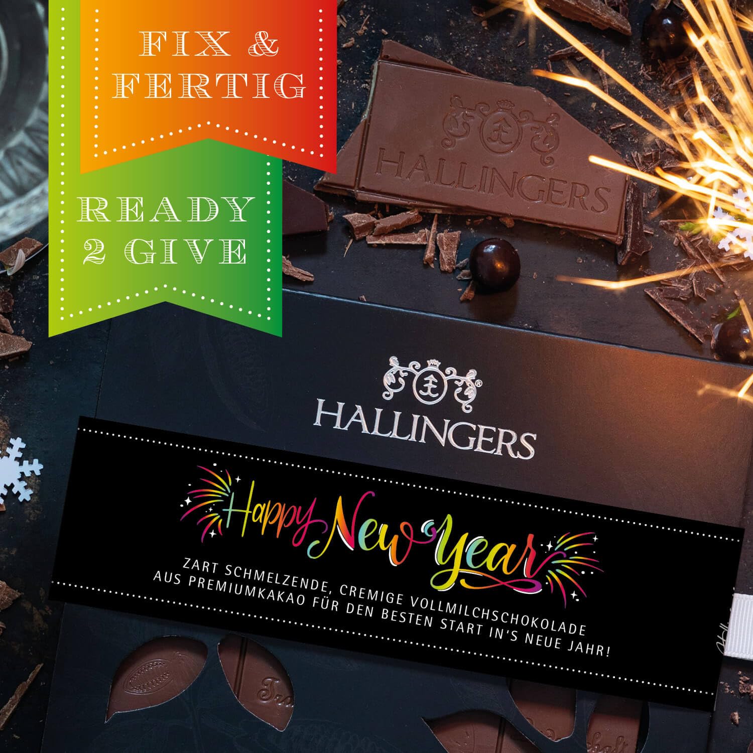 Hallingers Genuss Manufaktur Schokolade Weihnachts-Geschenk - Tafel Edelkakao handgeschöpft ohne Alkohol edler Karton 10x "Happy New Year ..." Pur, Weihnachten für Frauen Männer