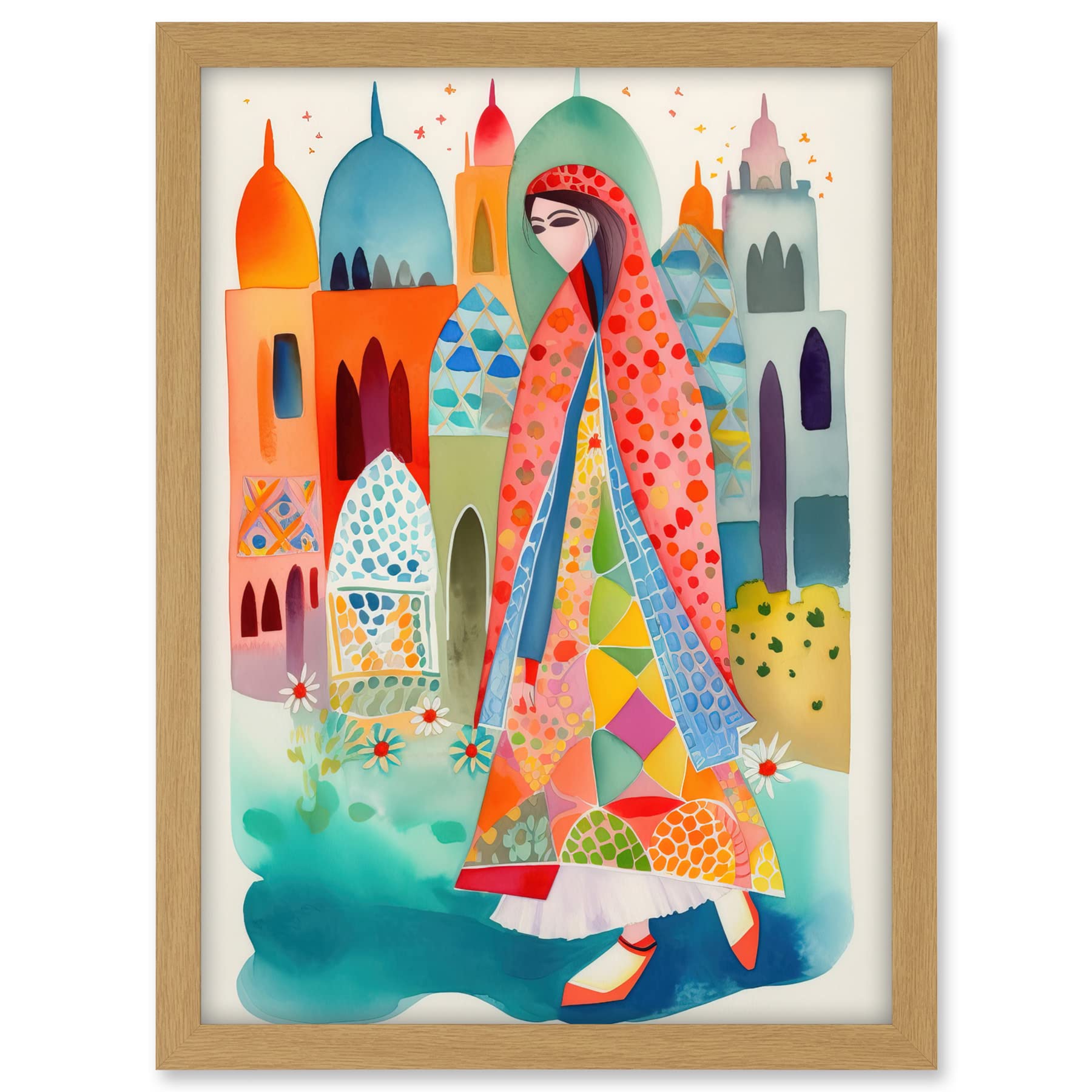 Artery8 Hijab Muslim Woman with Buildings Folk Art Artwork Framed A3 Wall Art Print