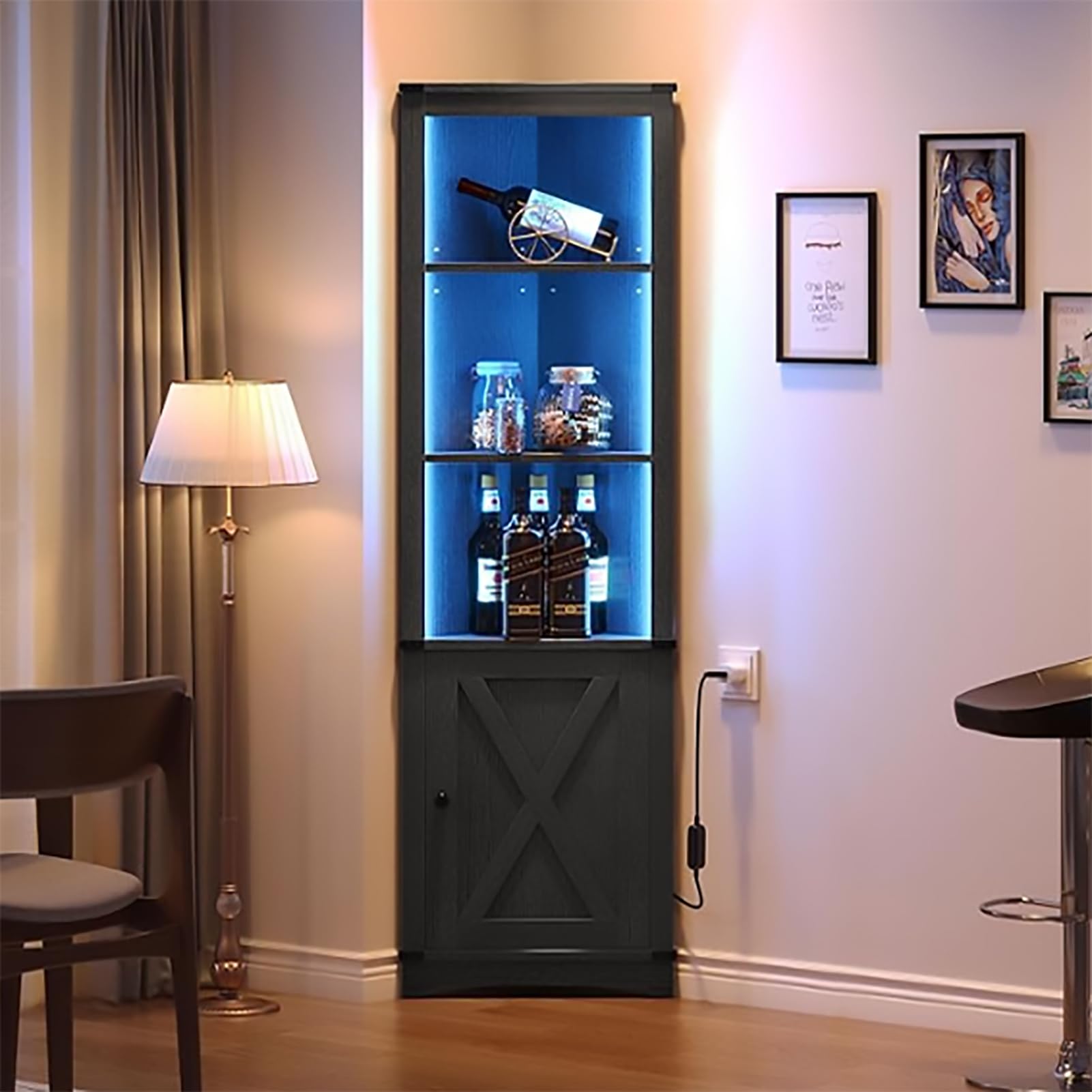 Warmiehomy Wooden Corner Wine Racks Free Standing Wine Bar Cabinet with Light & Door, 5-Tiers Industrial Corner Display Drinks Cabinet for Home Bar, Kitchen, Dining Room, Living Room, Office, Black
