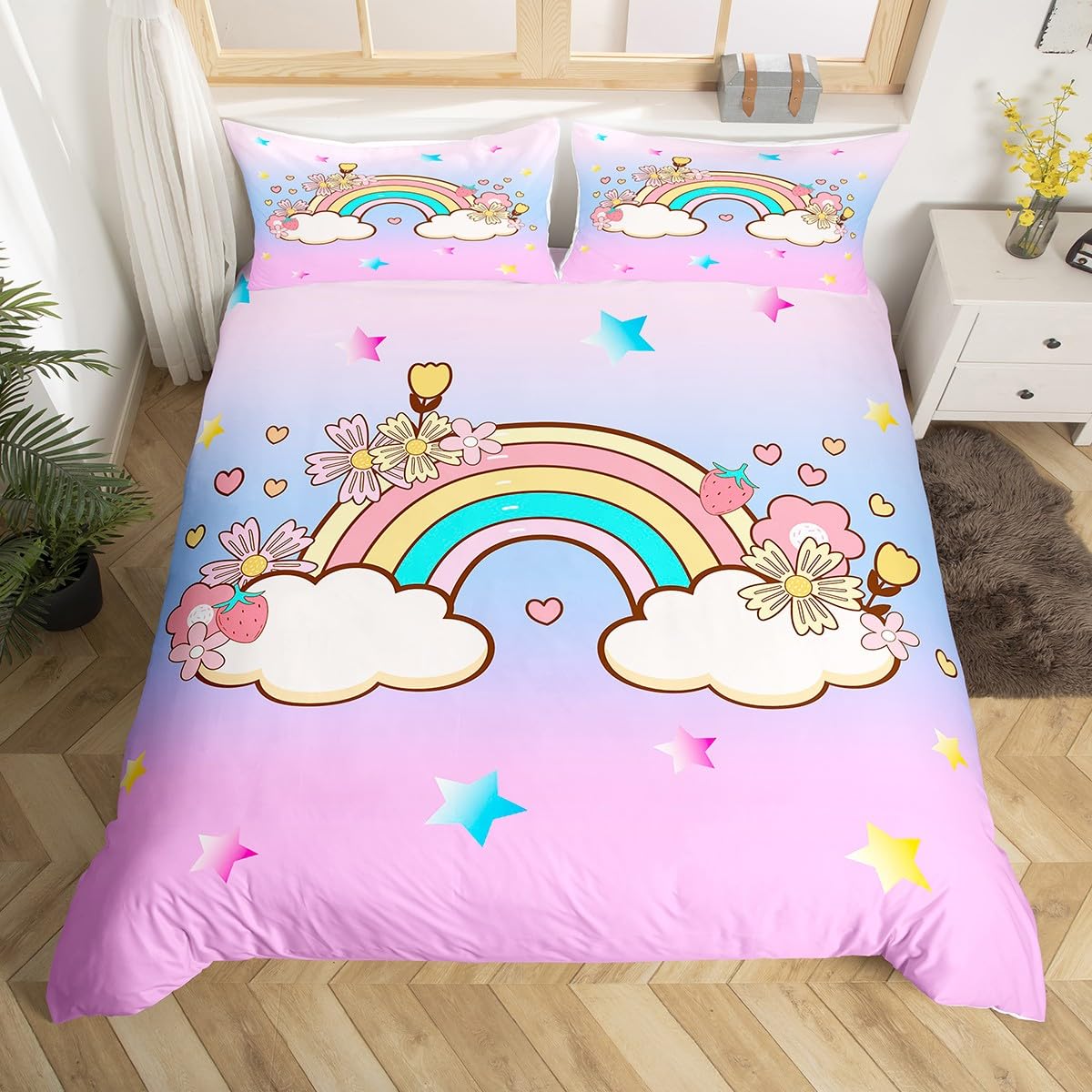 Manfei Cartoon Rainbow Duvet Cover Full Size for Kids Boys Teens,Cute Sky Cloud 3 Pieces Duvet Cover,Watercolor Flowers Plants Soft Comforter Cover (Not Comforter),Dreamy Starry Sky Quilt Cover