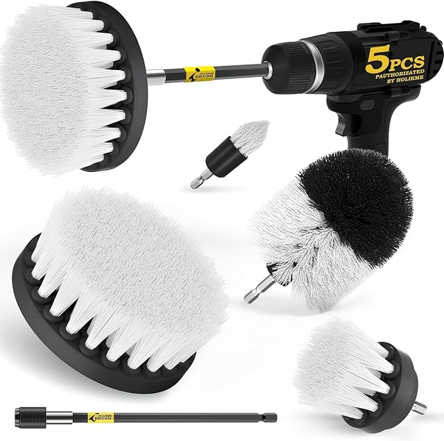 Holikme 4Pack Drill Brush Power Scrubber Cleaning Brush Extended Long Attachment Set All Purpose Drill Scrub Brushes Kit for Grout, Floor, Tub, Shower, Tile, Bathroom and Kitchen Surface White