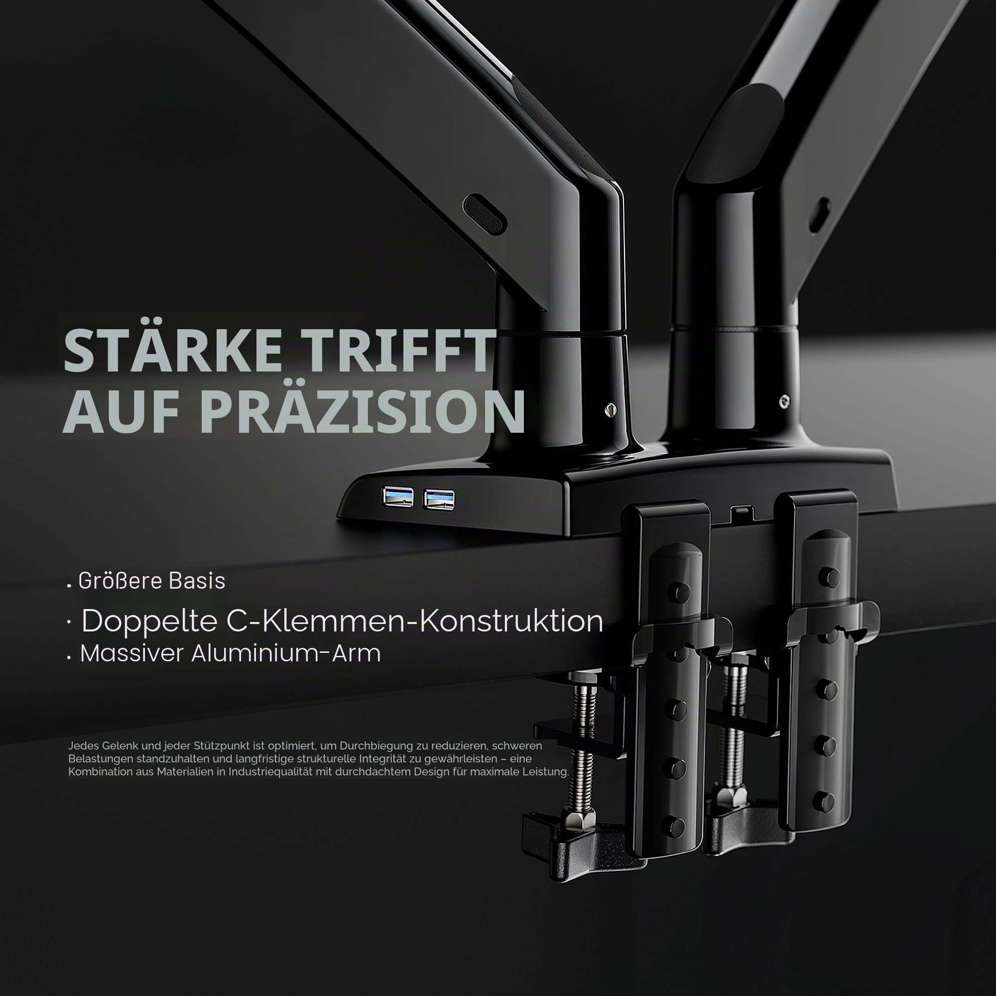 HUANUO Gaming Monitor Halterung 2 Monitore, Stabile Bildschirm Halterung für 13″–40″, Höhenverstellbar & Ergonomisch, mit USB, VESA & C-Klemme/Öse, bis 12 kg pro Arm