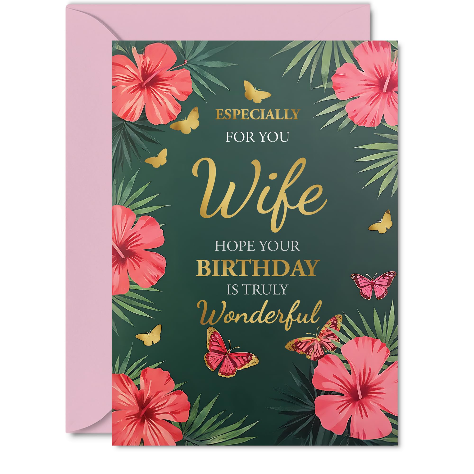 Gold Wife Birthday Card - Butterflies & Flowers - Happy Birthday Card for Wife from Husband Partner, A5 Golden Butterflies & Flowers Bday Greeting Cards
