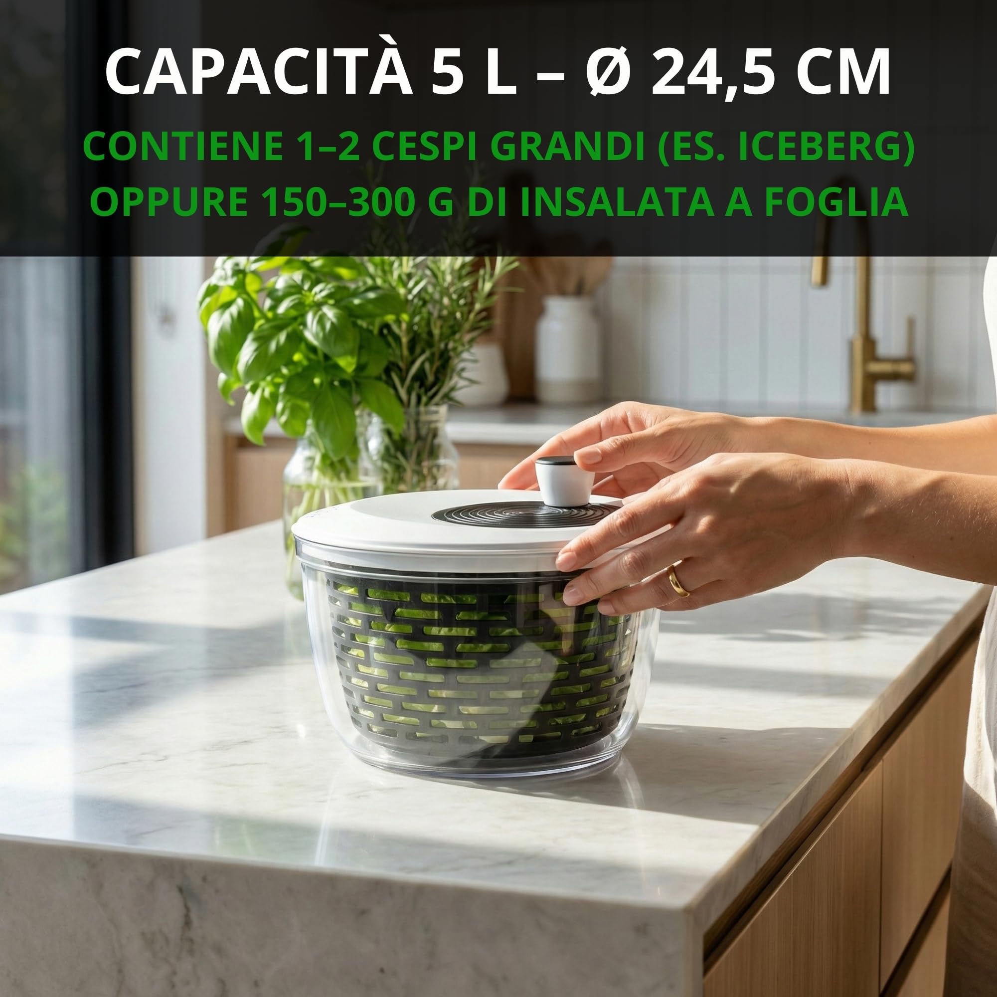 Centrifuga insalata Premium 5 L – 60 giorni di prova senza rischi – 2 in 1 antiscivolo: centrifuga & insalatiera – Ø 24,5 cm – senza BPA – lavastoviglie – per asciugare l’insalata – eBook incluso