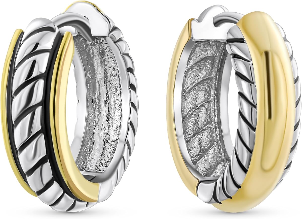 Tri-Tone Twist Cable Rope Hoop Huggie Earrings Black Gold & Silver Plated