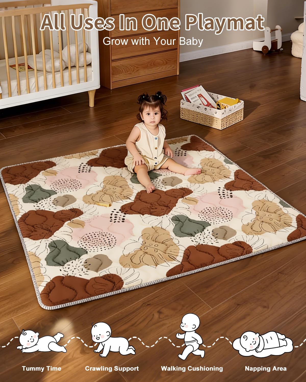 Tapis d'éveil Bébé 127x127cm Antidérapant Lavable en Machine Pliable Style Bohème