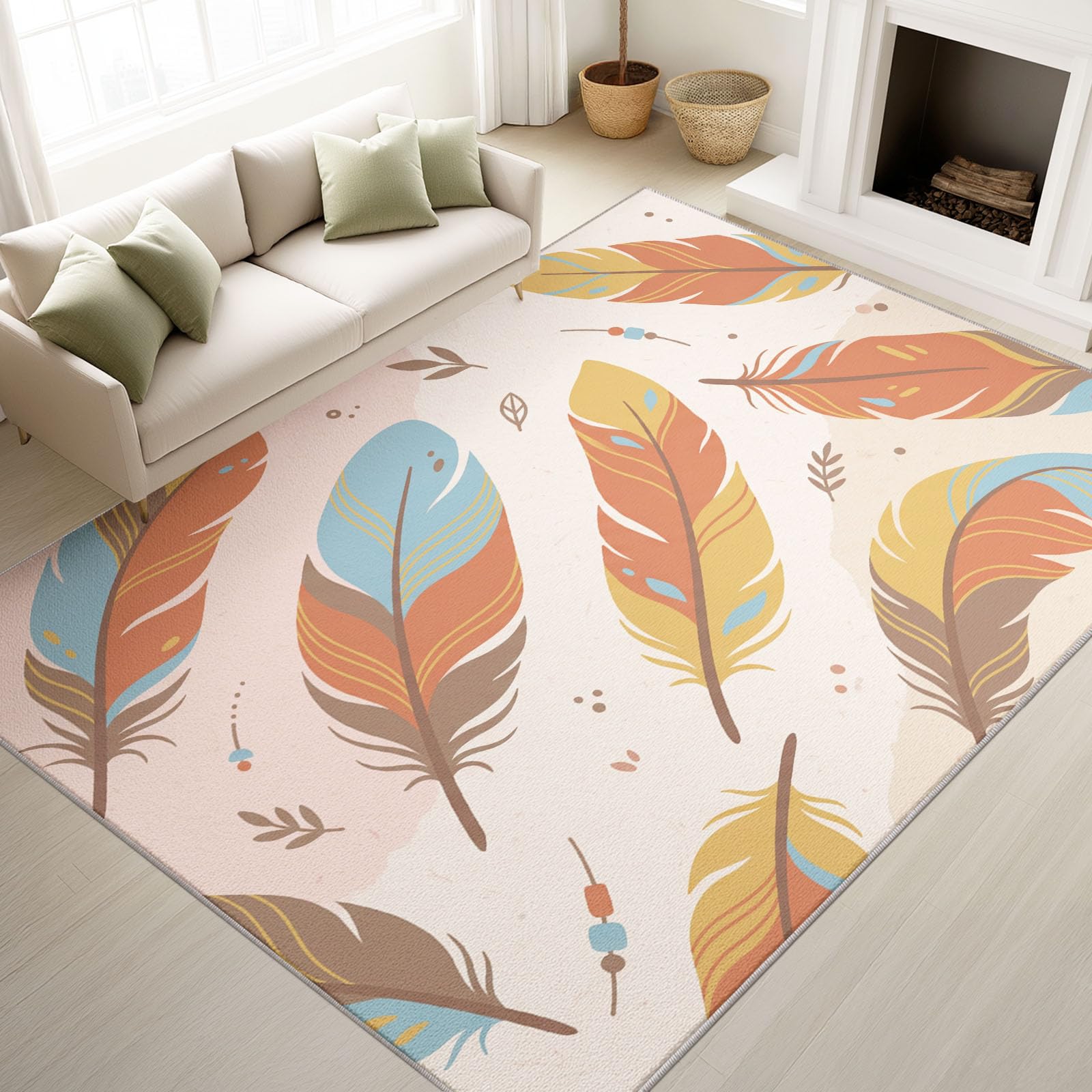 Générique Tapis Lavable en Bohème Naturel 60 x 120 cm, Tapis Frais Plume pour l’entrée du Salon Moquette intérieure antidérapante à Poil Bas pour la décoration de la Chambre