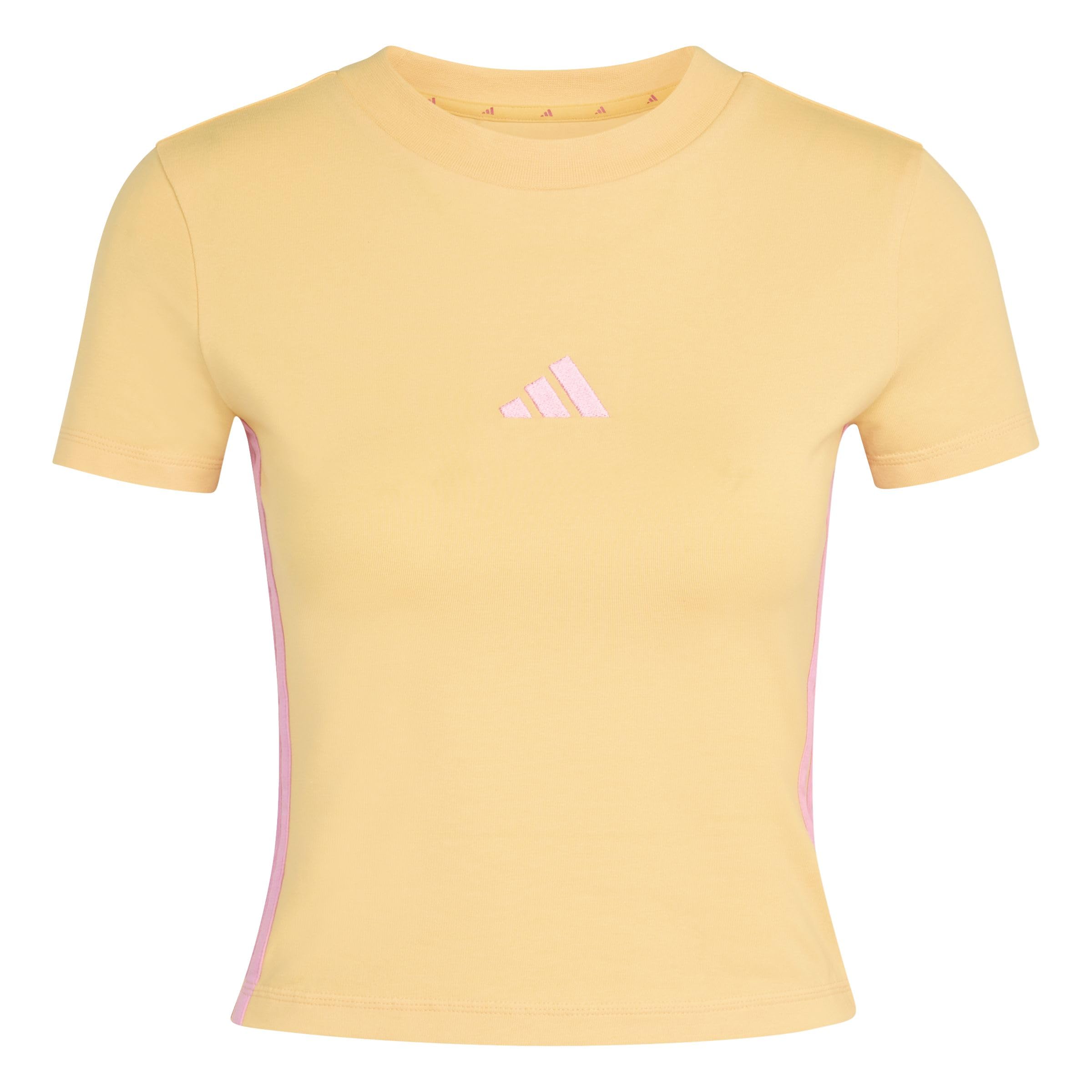 adidas Women's Essentials 3 Stripes Slim Baby T-Shirt, Semi Ice Tangerine/st Tropic Bloom, XS