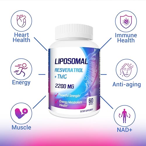 Miniatura 5 de Liposomal 2200 mg de alta dosis de gel suave, trans-resveratrol 1700 mg + TMG 500 mg, potente antioxidante para antienvejecimiento, salud de la