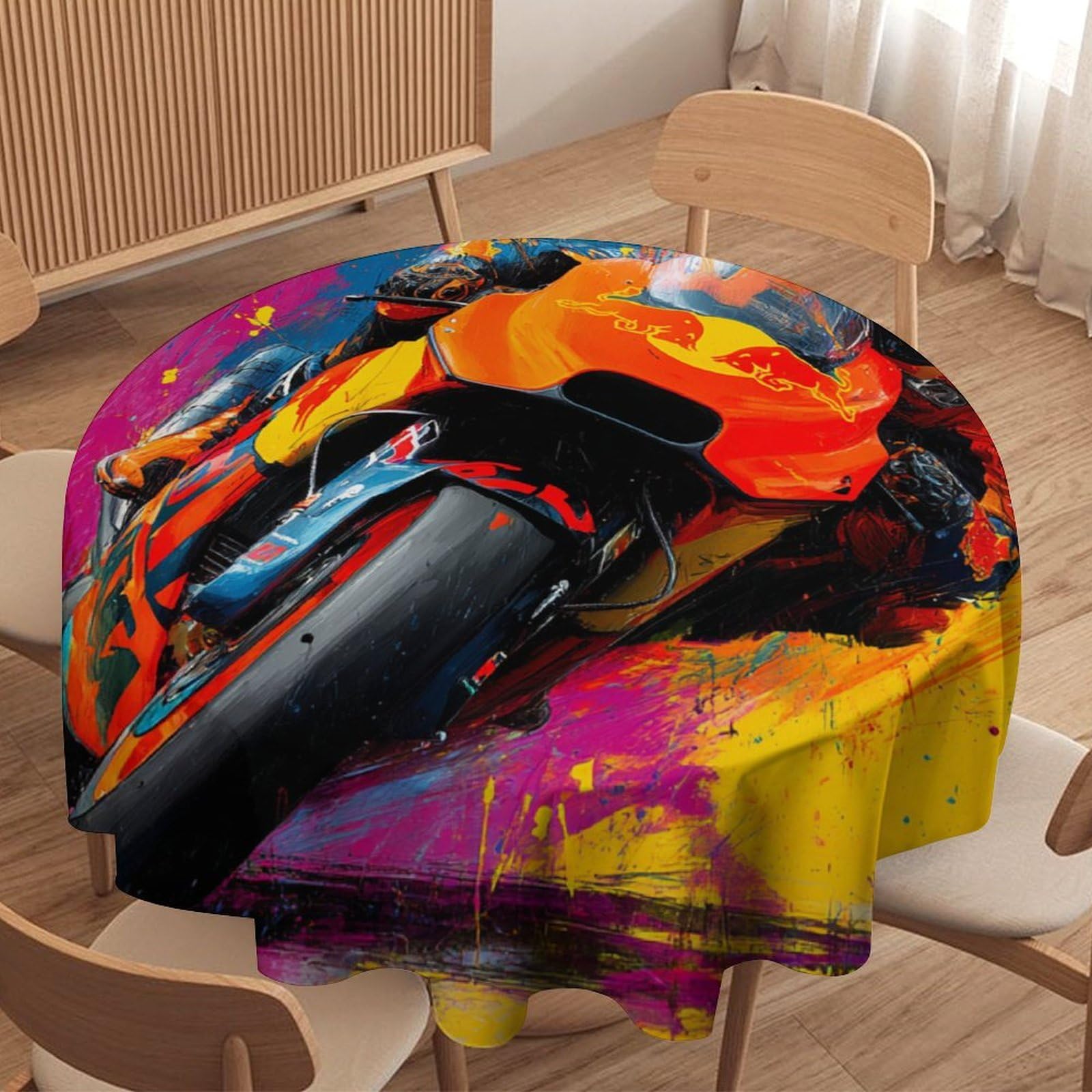 LUYYSKY Colorful Graffiti Racer Round Tablecloth Classic Cool Extreme Sports Theme Motorbike Rider Pattern Washable Decor for Table Cover for Kitchen-152.4" Wx152.4 L cm