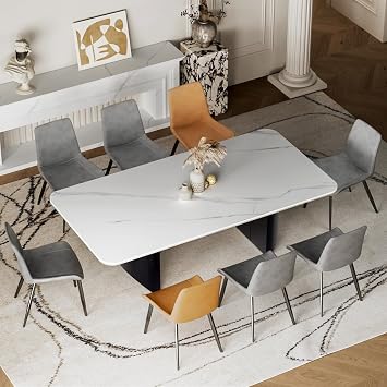 Modern White Dining Table for 6 to 8 People, 70.9" High Hardness Sintered Stone Table for Dining Room and Easy Maintenance - Half-Round Stainless Steel BaseTable Only