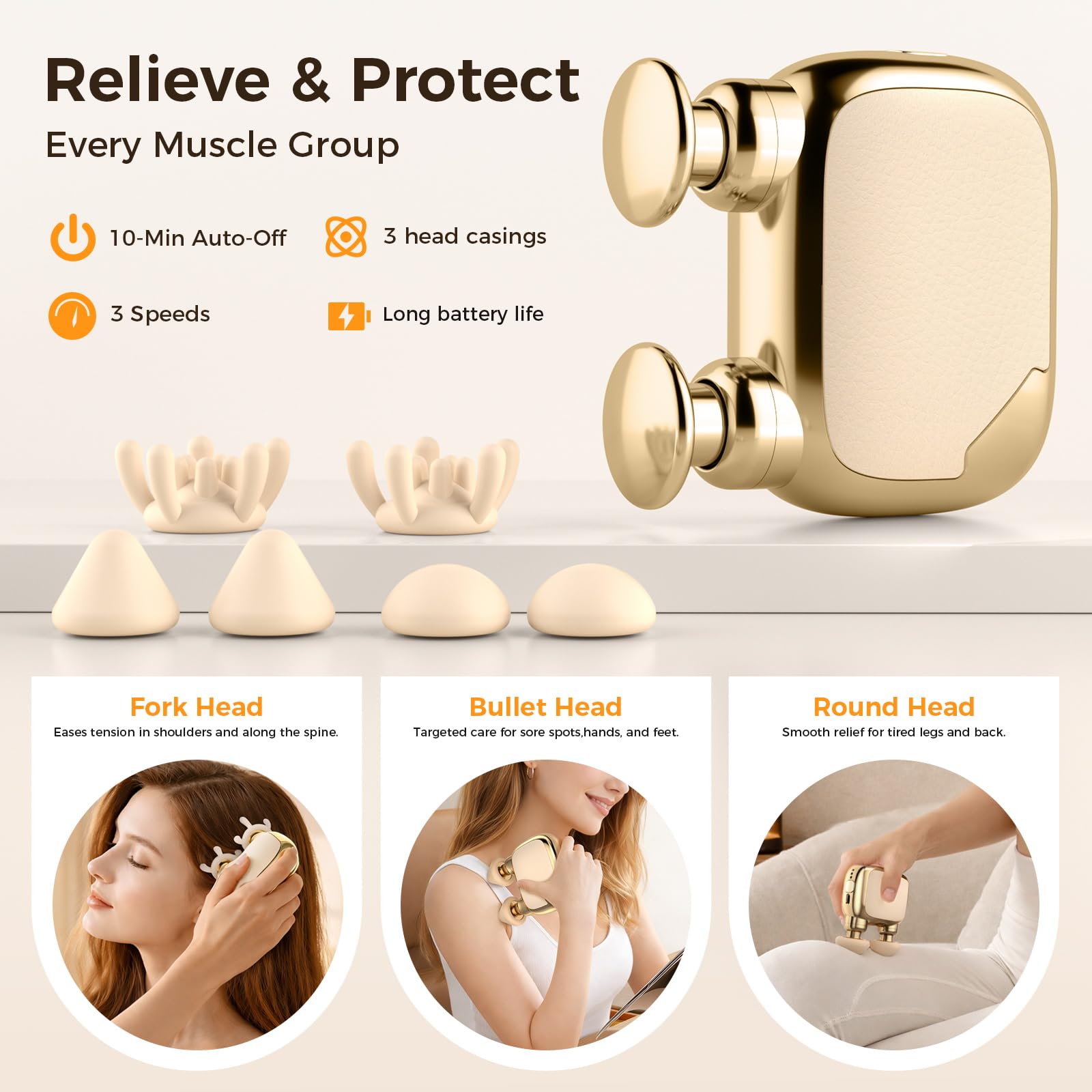 Beyn Mini pistola per massaggi, potente massaggiatore per tessuti profondi per viaggi, sport e uso quotidiano, con 3 velocità e 3 testine massaggianti (beige chiaro)