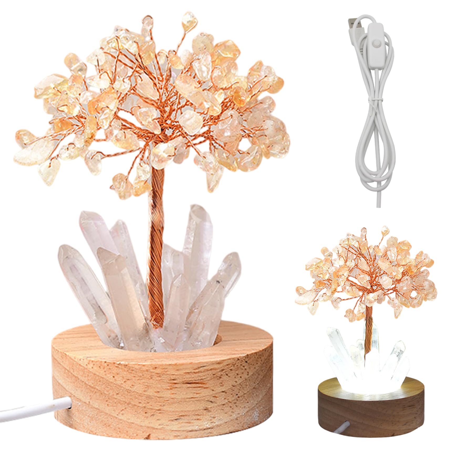 Syglawnd Rose Quartz, Wealth Lamp Natural Crystal Tree Nightlight Feng Shui Bonsai USB Plug Money Tree Night Light for Living Room Yellow