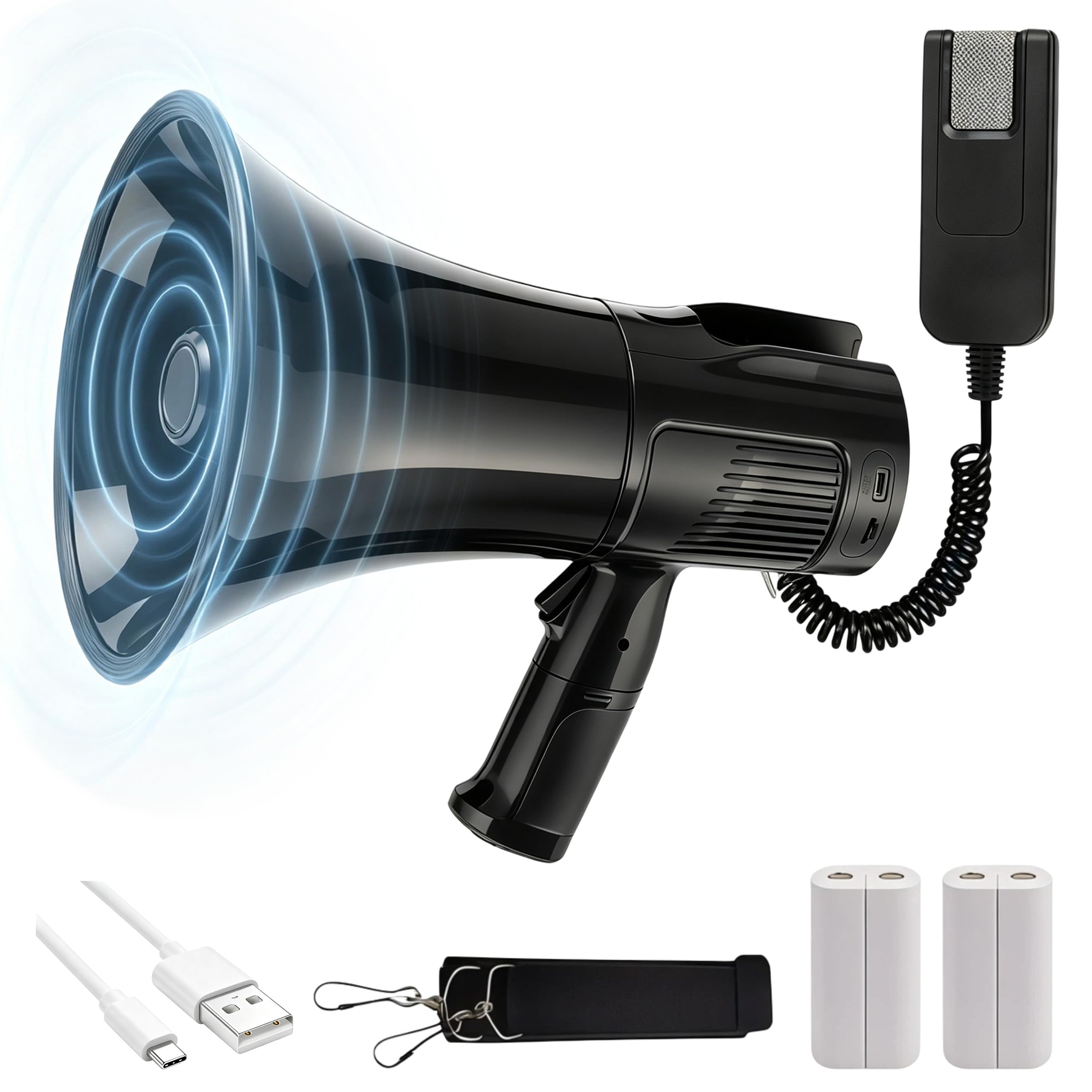 Megafono da 120 W con funzione di registrazione da 1000 secondi, portata massima 2000 m | Altoparlante portatile con sirena, 2 batterie per lezioni, formazione, turismo, emergenze e attività all'aperto