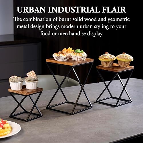 Miniatura 9 de MyGift Juego de 3 estantes elevadores geométricos geométricos de metal negro mate para pizzasoportes de exhibición de alimentos