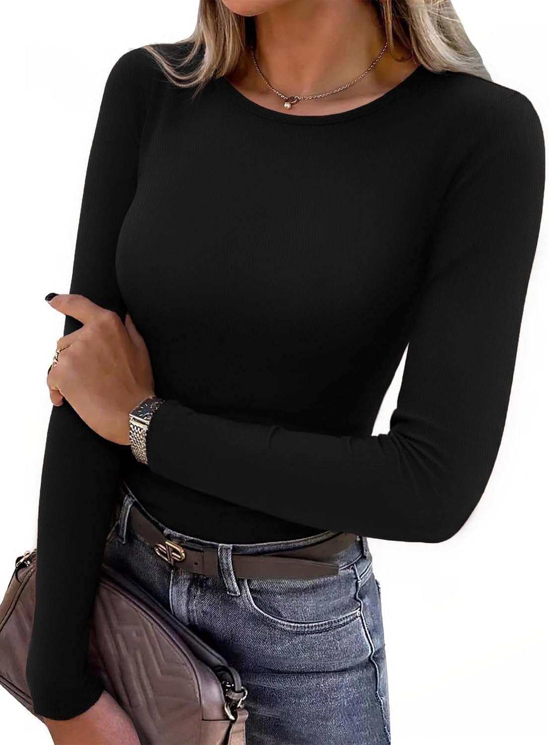 Aottori Long Sleeve Womens Ribbed Crew Neck Stretch Slim Fit Tops jumper thin elegant basic tops plain casual for everyday wear leisure
