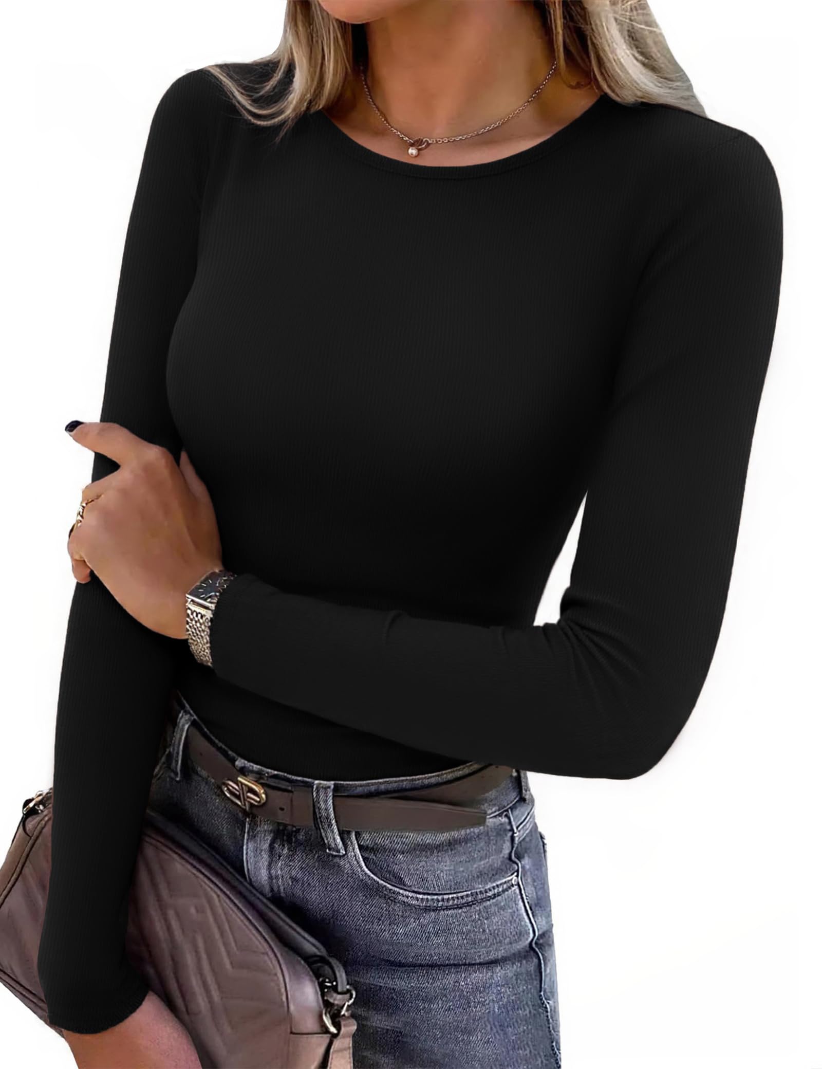 Aottori Damen Langarmshirt Rundhals Stretch Oberteile Gerippt Slim Fit Pullover Dünn Elegant Tee Shirts Langarm Casual Basic Tops Einfarbig