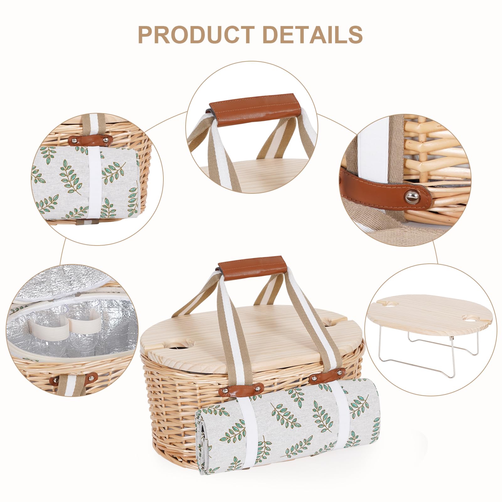 Juego de cesta de picnic para 2 - Cesta de picnic aislada de mimbre con manta impermeable, mesa de picnic plegable para vino y juegos de cubiertos, juego de cestas de picnic para acampar, al